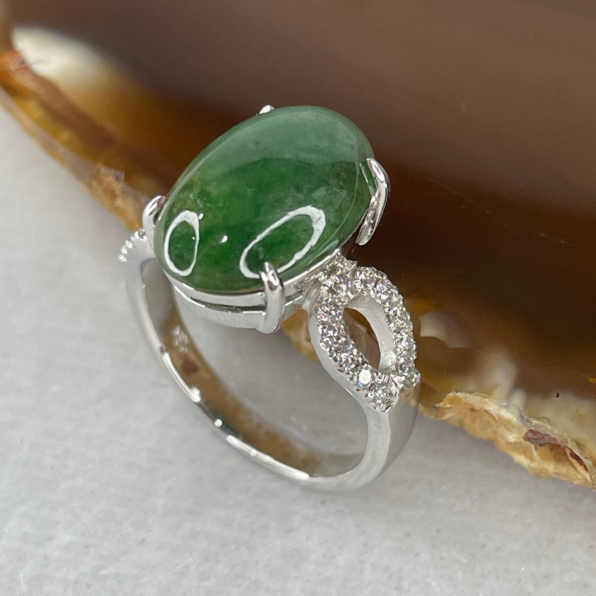 Type A Green Burmese jadeite ring in 18k white gold & natural diamonds 5.43g size US7 - Huangs Jadeite and Jewelry Pte Ltd