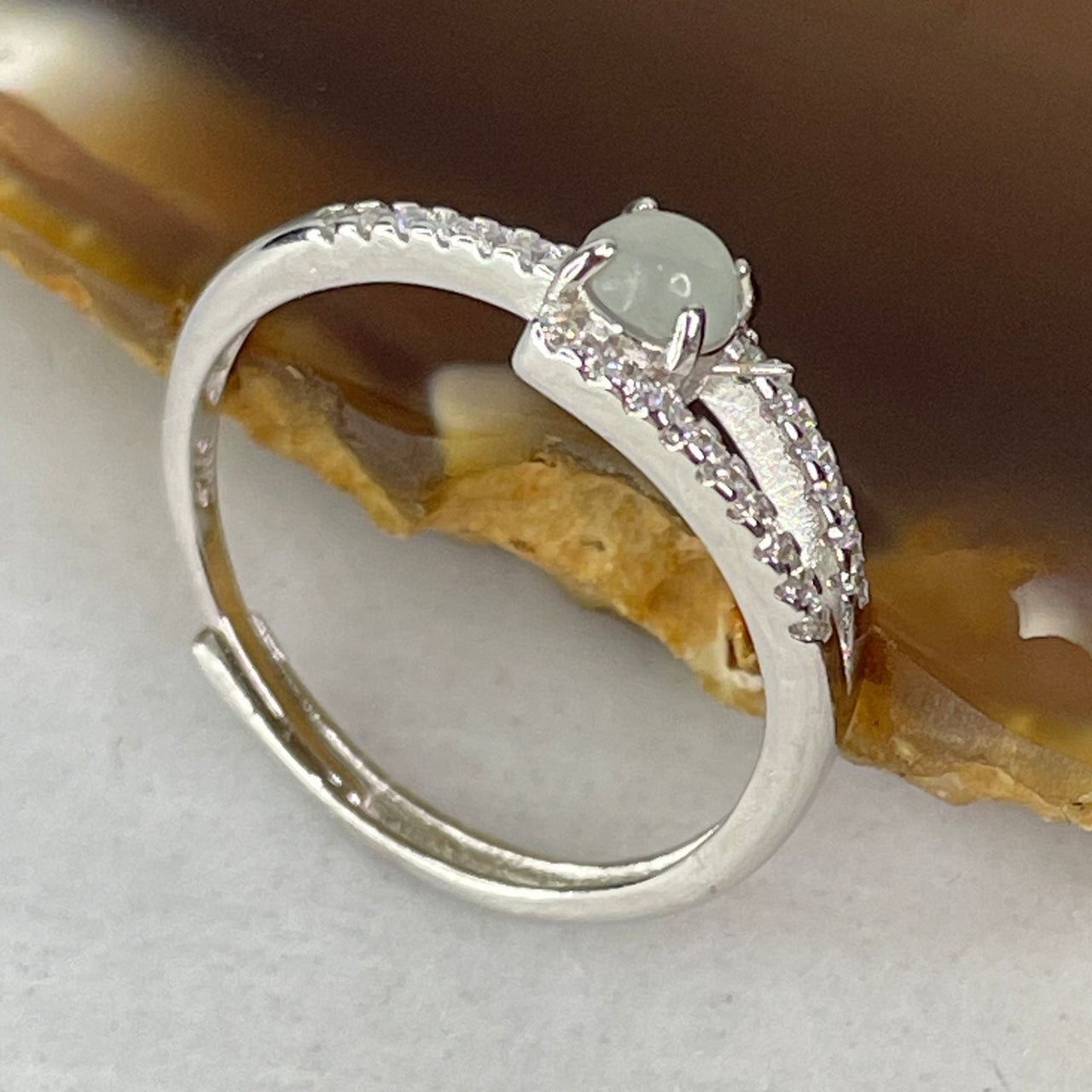 Type A Semi Icy Light Geen  Cabochon Jadeite in S925 Sliver Ring (Adjustable Size) 1.26g 3.5 by 3.0mm - Huangs Jadeite and Jewelry Pte Ltd