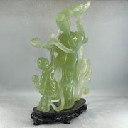 Natural Semi Icy Green Serpentine Fairy with Tong Zhi and Lotus Flower with Wooden Stand Display 1,228.0g 196.0 by 76.0 by 283.0mm - Huangs Jadeite and Jewelry Pte Ltd