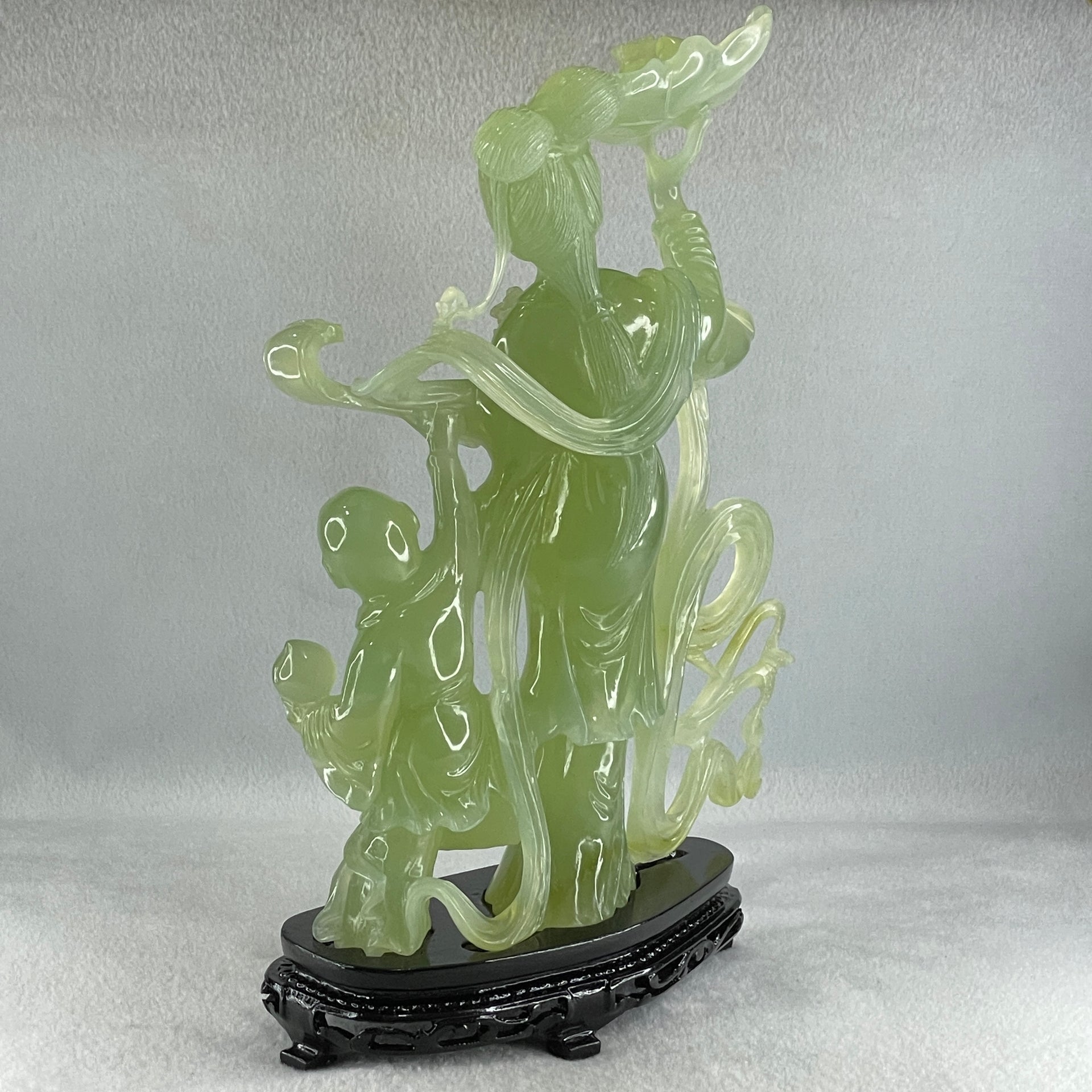 Natural Semi Icy Green Serpentine Fairy with Tong Zhi and Lotus Flower with Wooden Stand Display 1,228.0g 196.0 by 76.0 by 283.0mm - Huangs Jadeite and Jewelry Pte Ltd