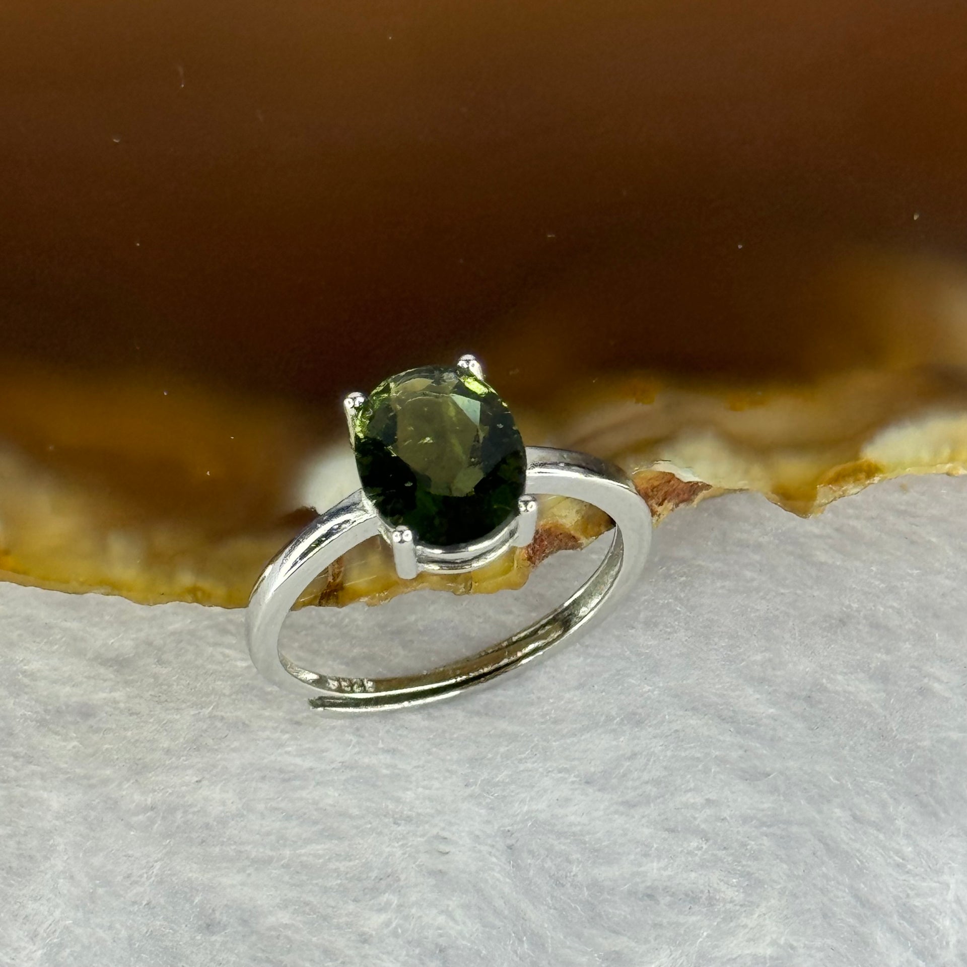 Natural Faceted Czech Republic Moldavite Meteorite Crystal in S925 Sliver Ring (Adjustable Size) 天然捷克陨石925银戒指 1.43g 9.0 by 7.0 by 4.6mm - Huangs Jadeite and Jewelry Pte Ltd