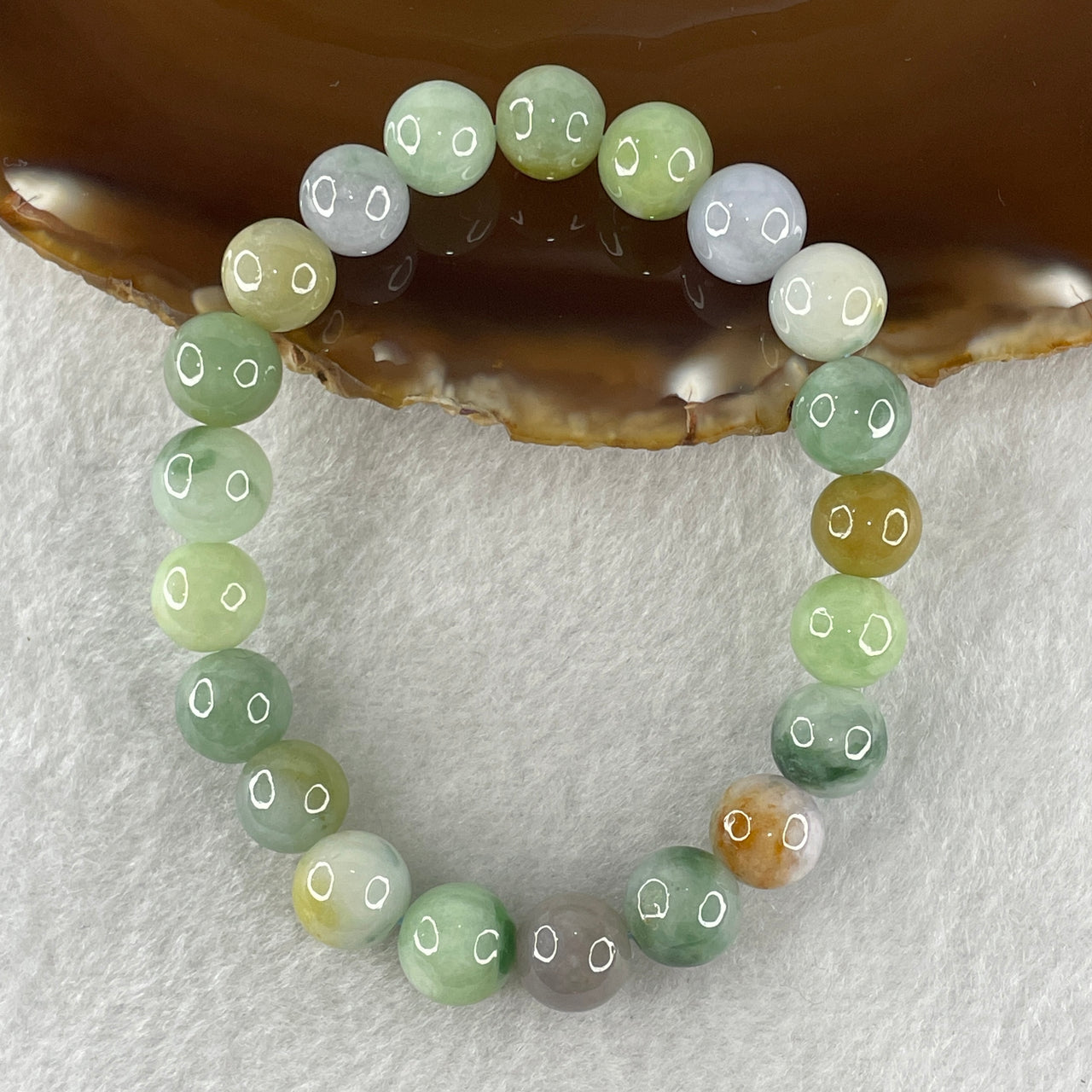 Natural Type A Multi Tone Green with Yellow and Lavender Jadeite Round Shape Beads Bracelet 31.76g 16cm 9.9mm 21 Beads - Huangs Jadeite and Jewelry Pte Ltd
