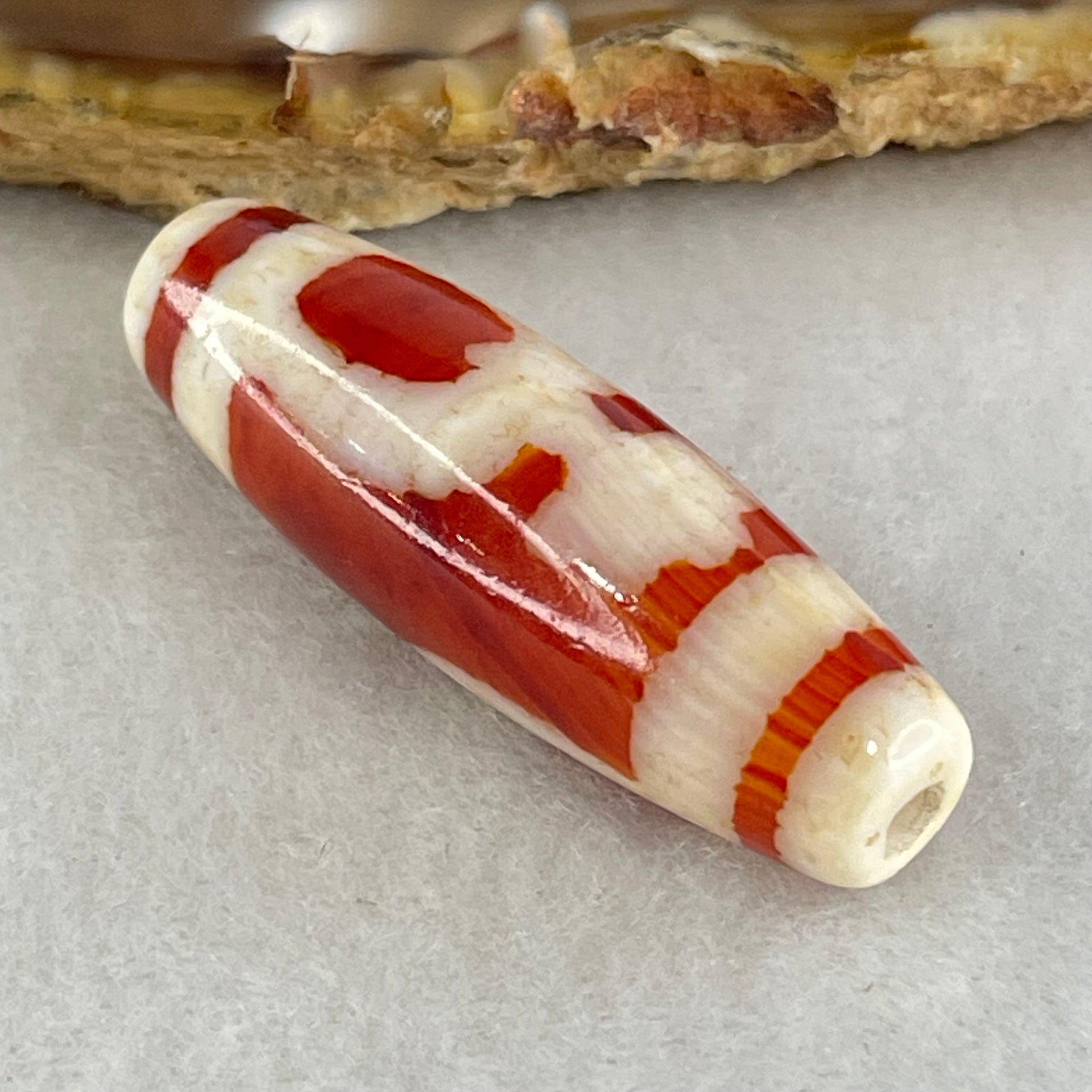 Natural Powerful Tibetan Old Oily Red White Agate 2 Nectar Vessel Dzi Bead Heavenly Master (Tian Zhu) 花蜜容器天珠 8.00g 37.9 by 11.9mm - Huangs Jadeite and Jewelry Pte Ltd