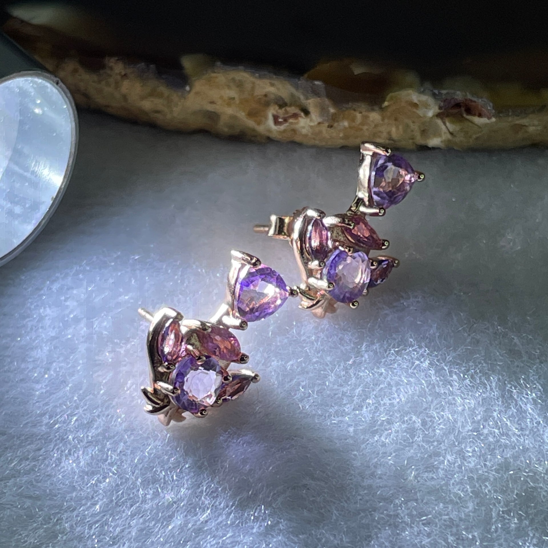 Natural Amethyst Fish Shape Earring in S925 Sliver Yellow Gold Color 2.94g 5.0 by 3.0mm 2 Pcs - Huangs Jadeite and Jewelry Pte Ltd