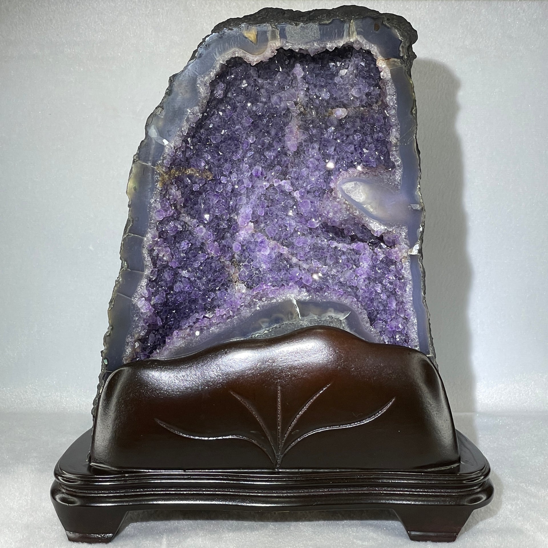 Natural Amethyst Cave with Wooden Stand Display 5,797.1g 230.0 by 165.0 by 270.0mm - Huangs Jadeite and Jewelry Pte Ltd