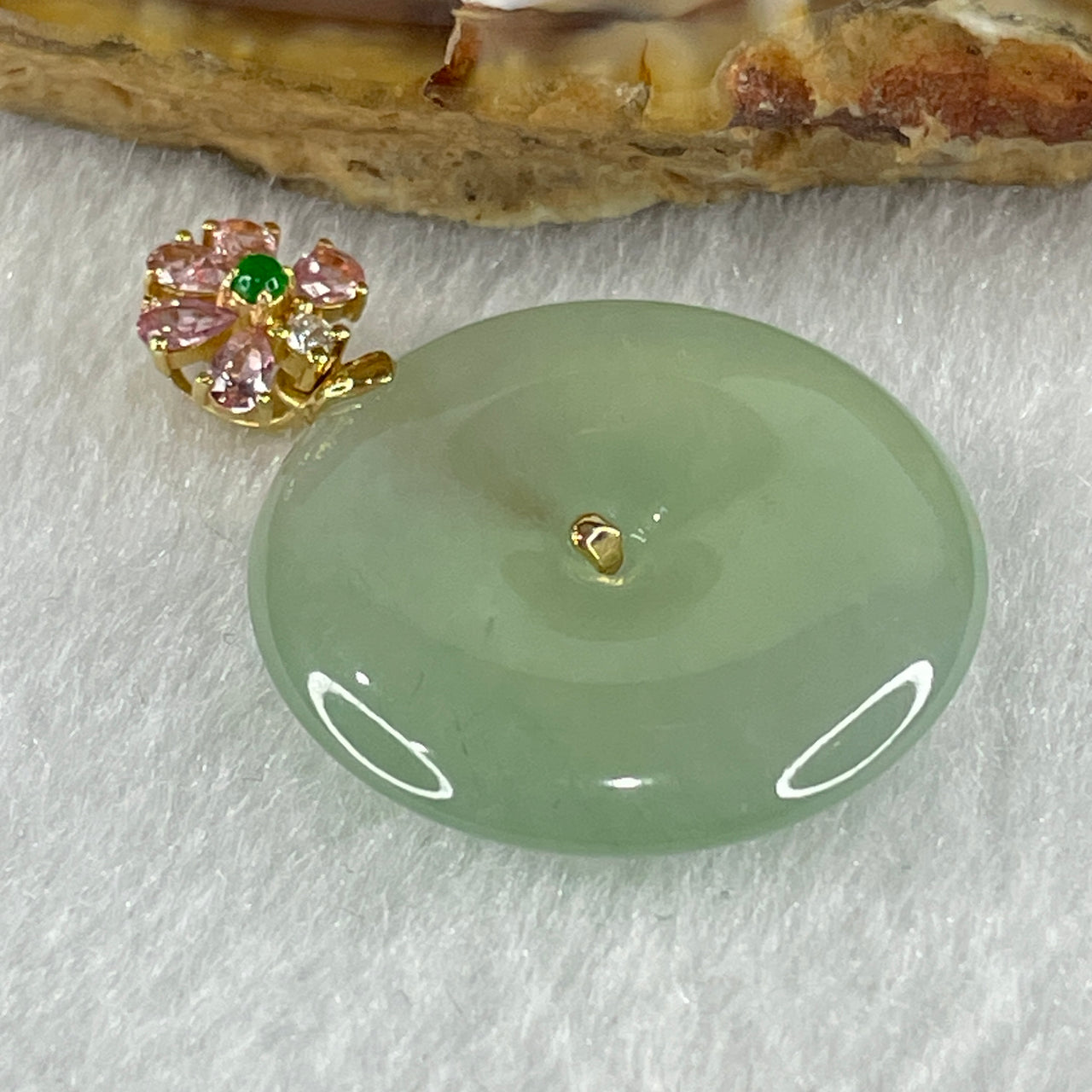 Type A Semi Icy Light Green Jadeite Ping An Kou with 18K yellow Gold Clap Pendant 5.04g 22.2 by 4.2mm