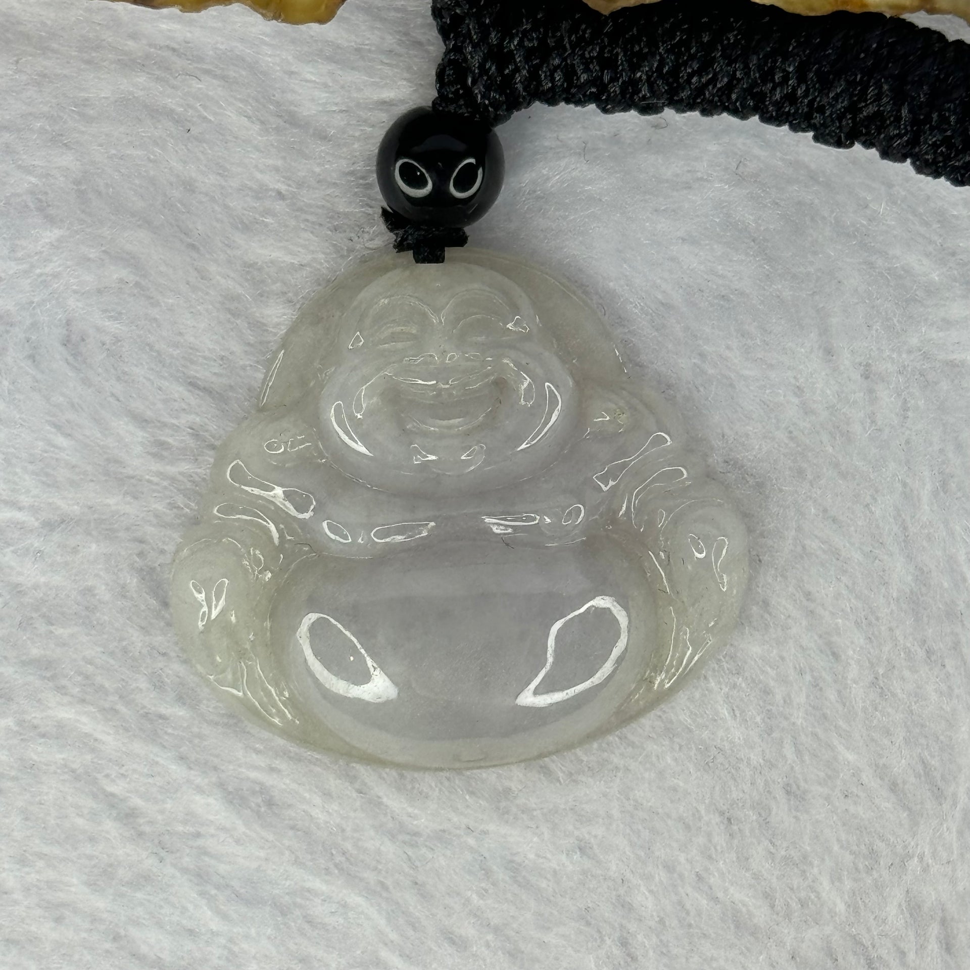 Type A Light Lavender Jadeite Milo Buddha Pendent 7.06g 25.4 by 28.3 by 3.0mm - Huangs Jadeite and Jewelry Pte Ltd