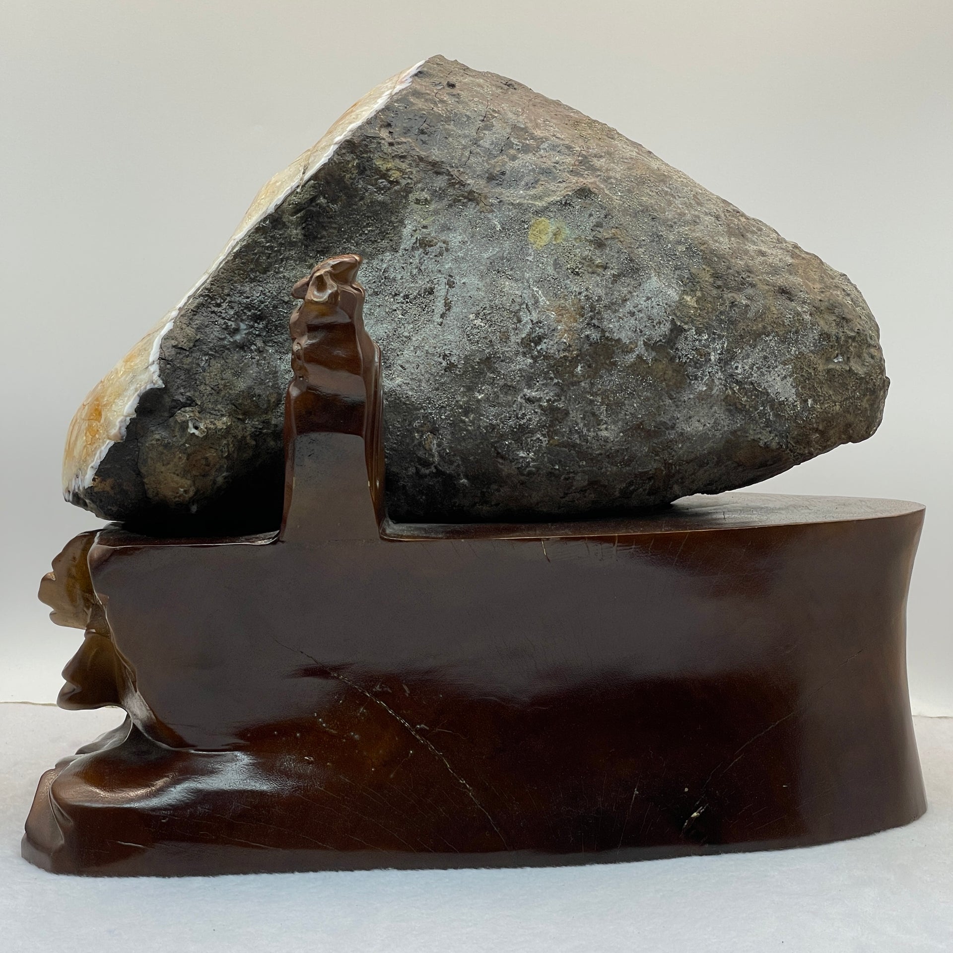 Natural Irregular Pocket Shape Citrine Cave with Wooden Stand Display 14,866.3g 235.0 by 335.0 by 310.0mm - Huangs Jadeite and Jewelry Pte Ltd