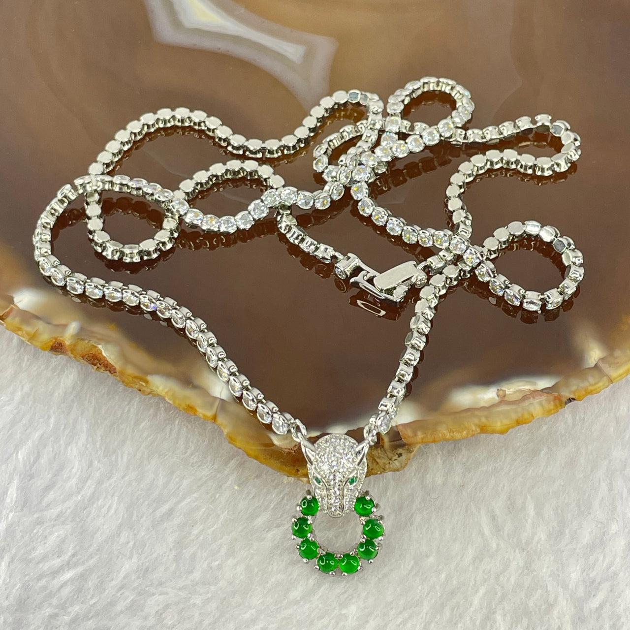 Type A Icy Green Omphasite Jadeite Panther with Crystals in S925 Crystals Necklace 13.38g 3.3 by 1.5mm 8pcs - Huangs Jadeite and Jewelry Pte Ltd