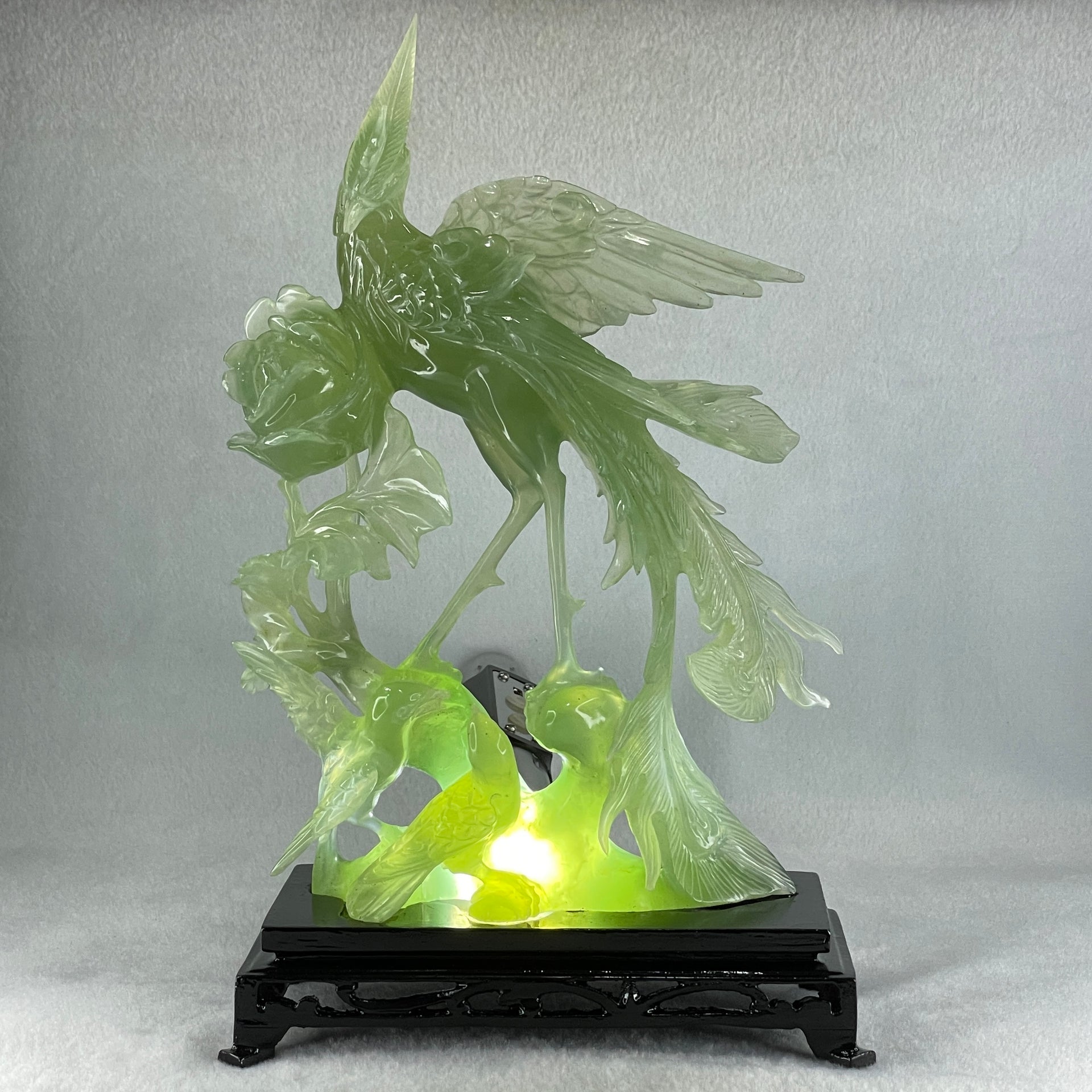 Natural Icy Light Green Serpentine Phoenix on Tree with Twin Birds and Flower with Wooden Stand Display 710.1g 169.0 by 262.0 by 84.0mm - Huangs Jadeite and Jewelry Pte Ltd