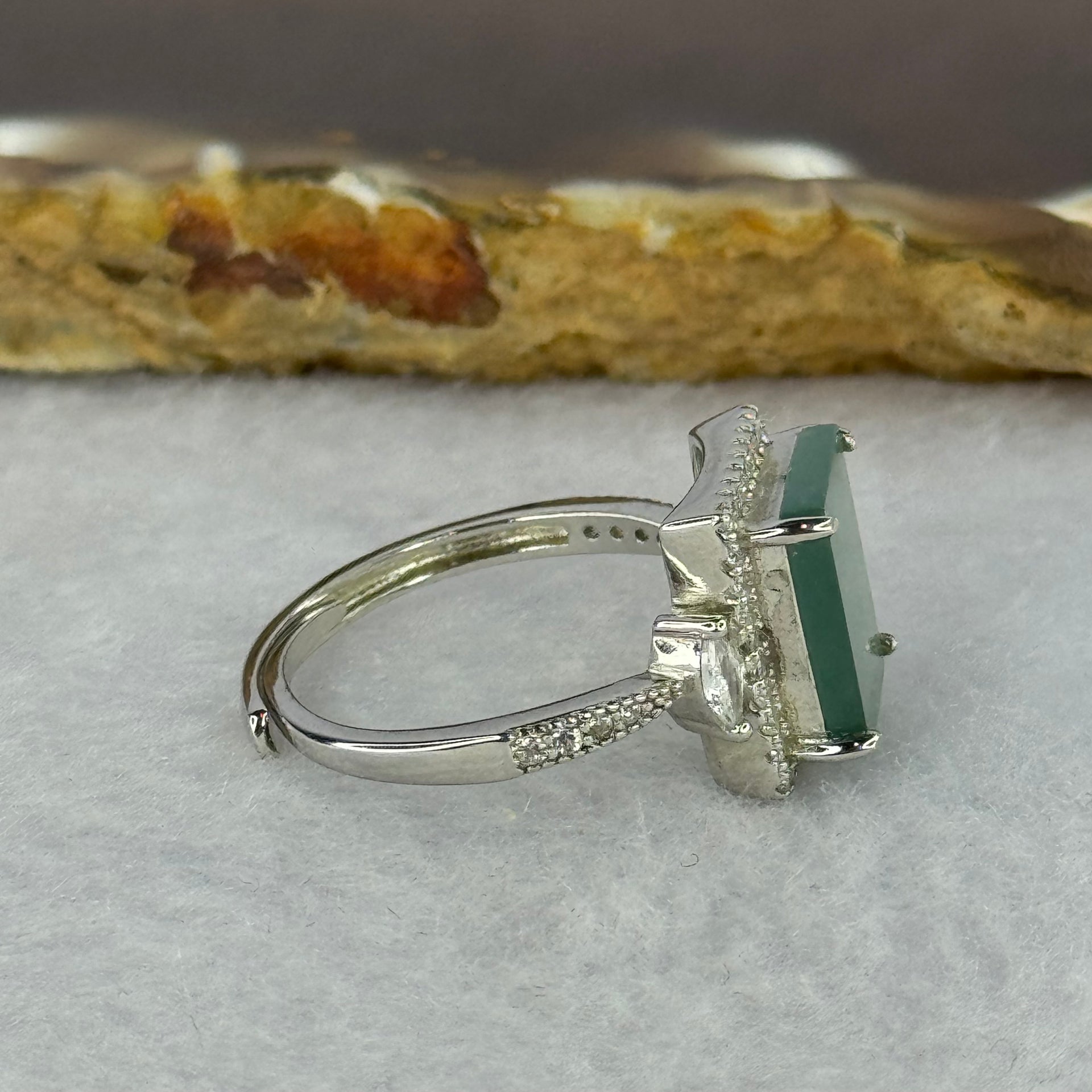 Type A Icy Blueish Green Jadeite with Crystals in S925 Sliver Ring (Adjustable Size) 2.95g 10.1 by 7.6 by 2.0mm - Huangs Jadeite and Jewelry Pte Ltd