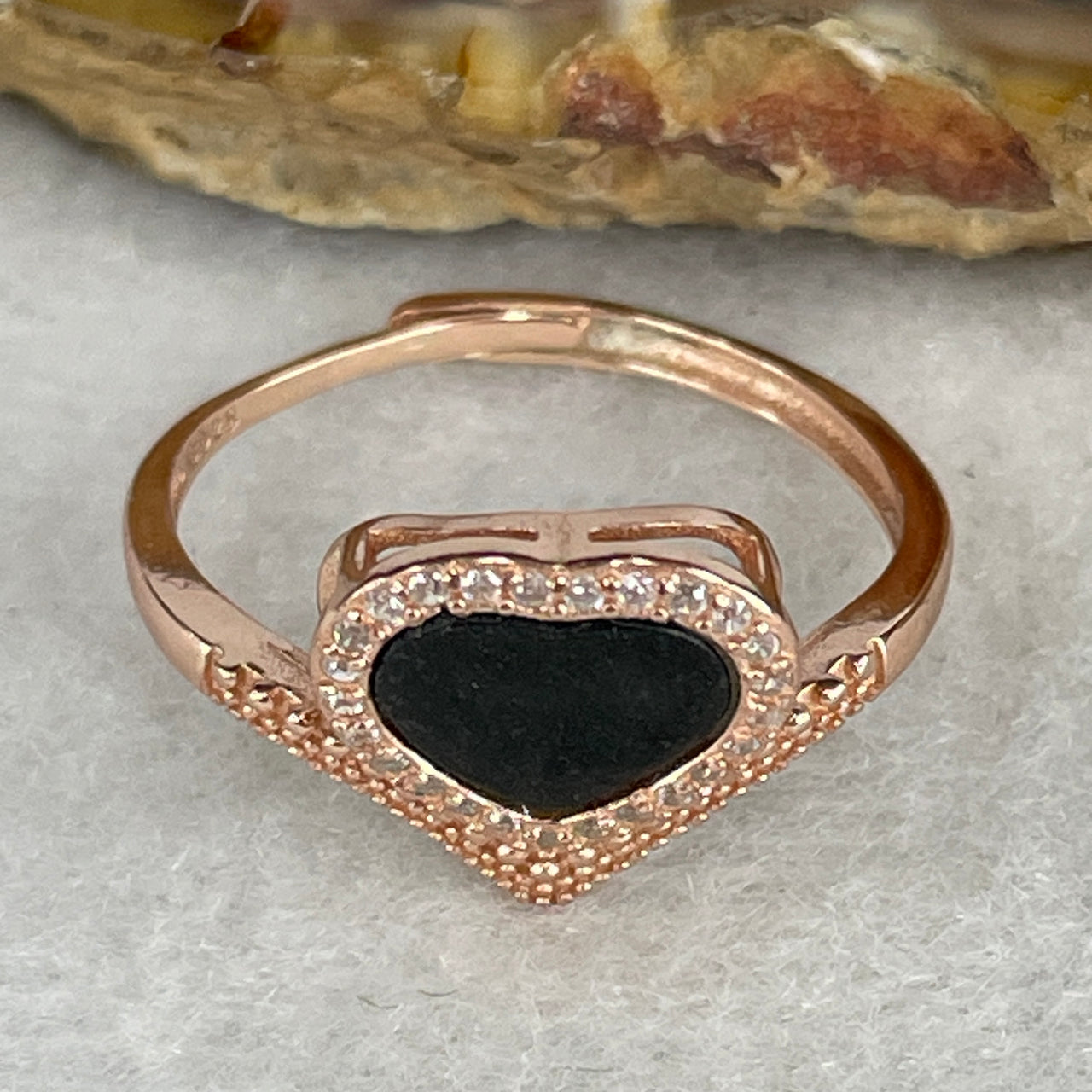 Type A Fully Translucent Black Omphacite Jadeite Heart Ring | Gold Color S925 Silver | Adjustable Sizing | "Sovereign Love" Ink-to-Emerald Statement Ring (1.91g 7.5x8.8x1.5mm)