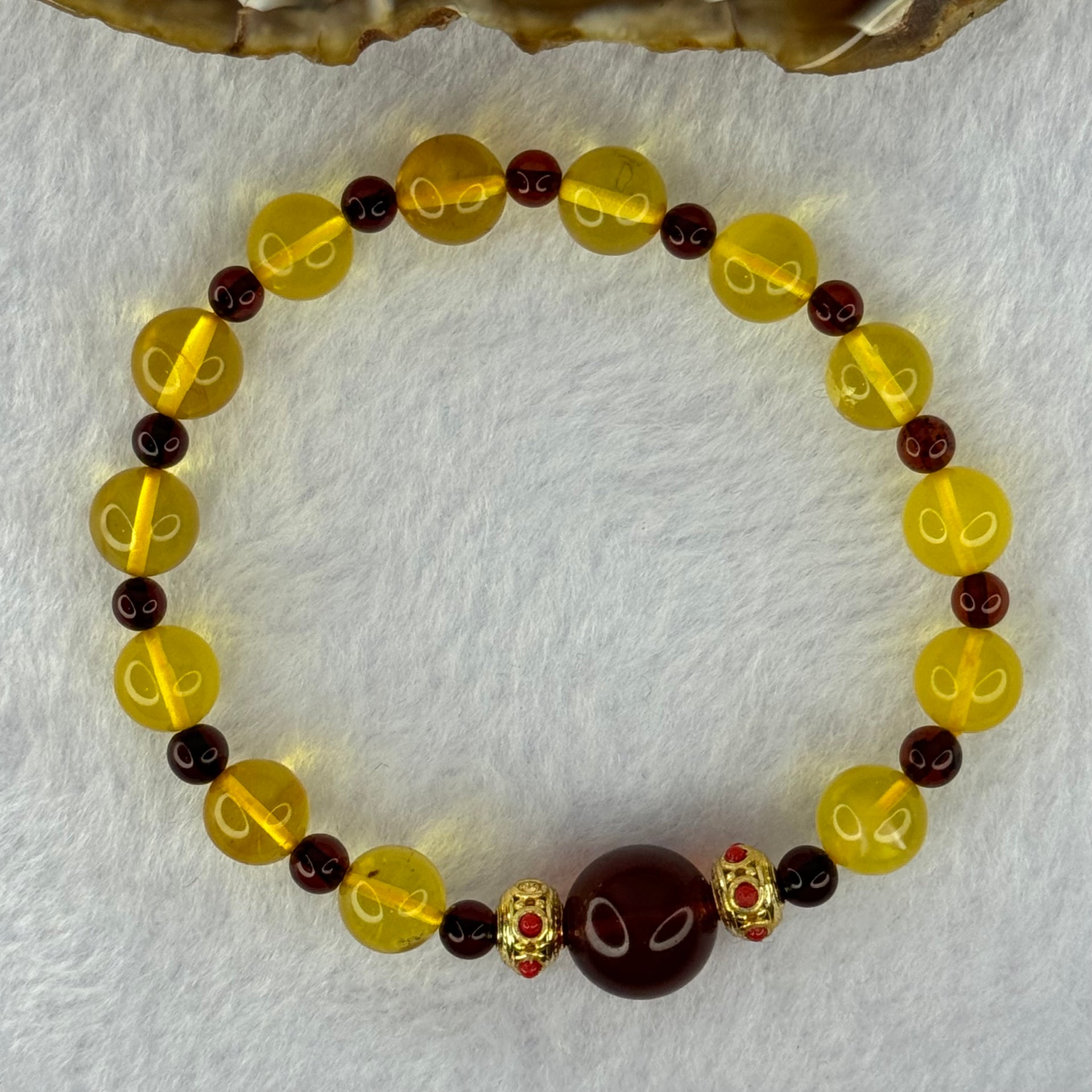 Natural Yellow Golden and Red Amber Beads Bracelet 7.24g 11.4mm 1 Bead 8.2mm 13 Beads - Huangs Jadeite and Jewelry Pte Ltd