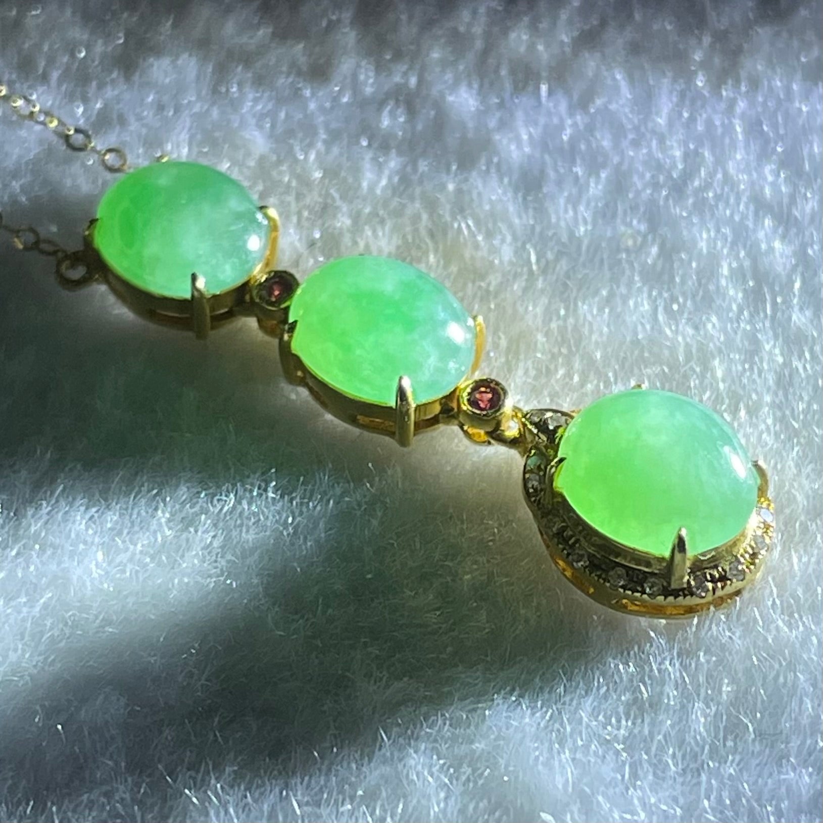 Type A Icy Apple Green Jadeite Cabouchons in 18K Yellow Gold Necklace each about 7.1 by 6.3 by 4.0mm 3.10g 39 or 42cm - Huangs Jadeite and Jewelry Pte Ltd