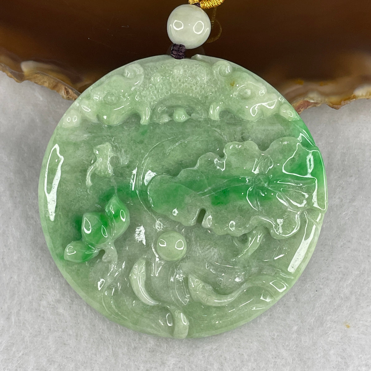Natural Type A Green Jadeite Double-Headed Dragon with Lotus & Twin Fish Pendant | Imperial Fortune & Abundance (48.69g | Apple Green Piao Hua | 54.7x8.6mm)