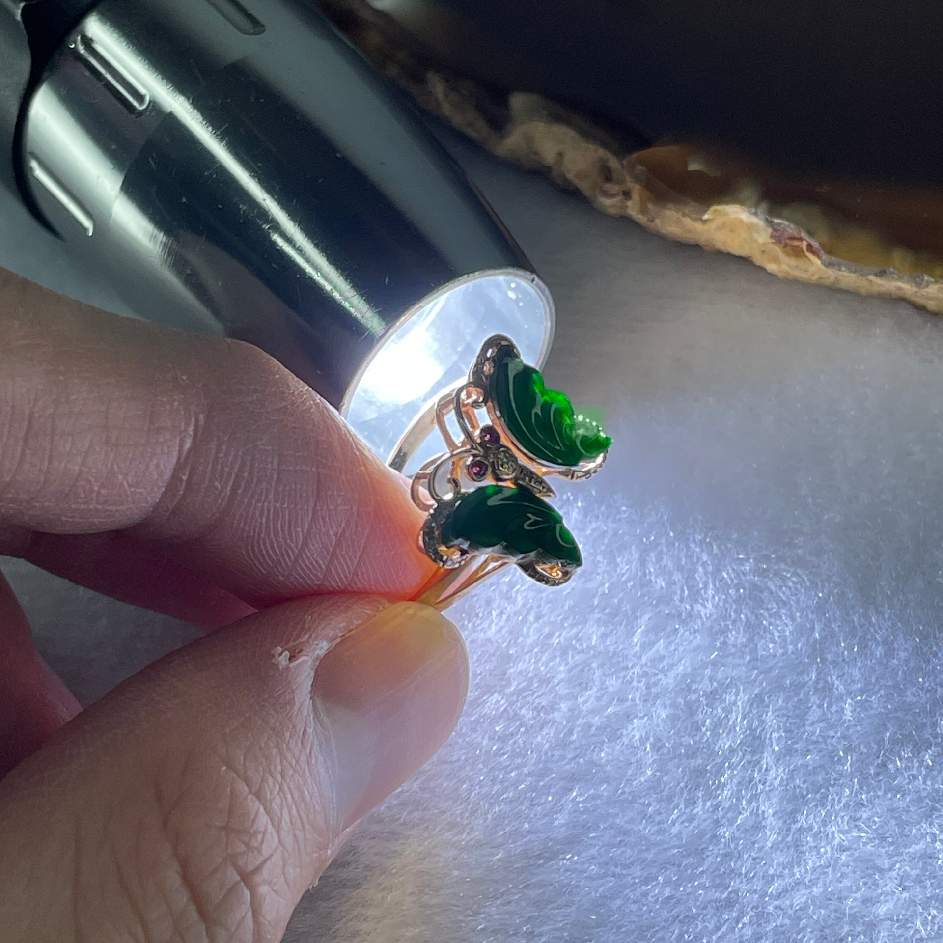 Type A Green Burmese Icy Butterfly Jade Jadeite ring in 18k rose gold & natural diamonds 1.87g  Ring Size: US 6.5 - Huangs Jadeite and Jewelry Pte Ltd