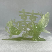 Natural Green Serpentine 囍 Double Happiness Love Birds with Flower with Wooden Stand Display 469.1g 192.0 by 138.0 by 68.0mm - Huangs Jadeite and Jewelry Pte Ltd