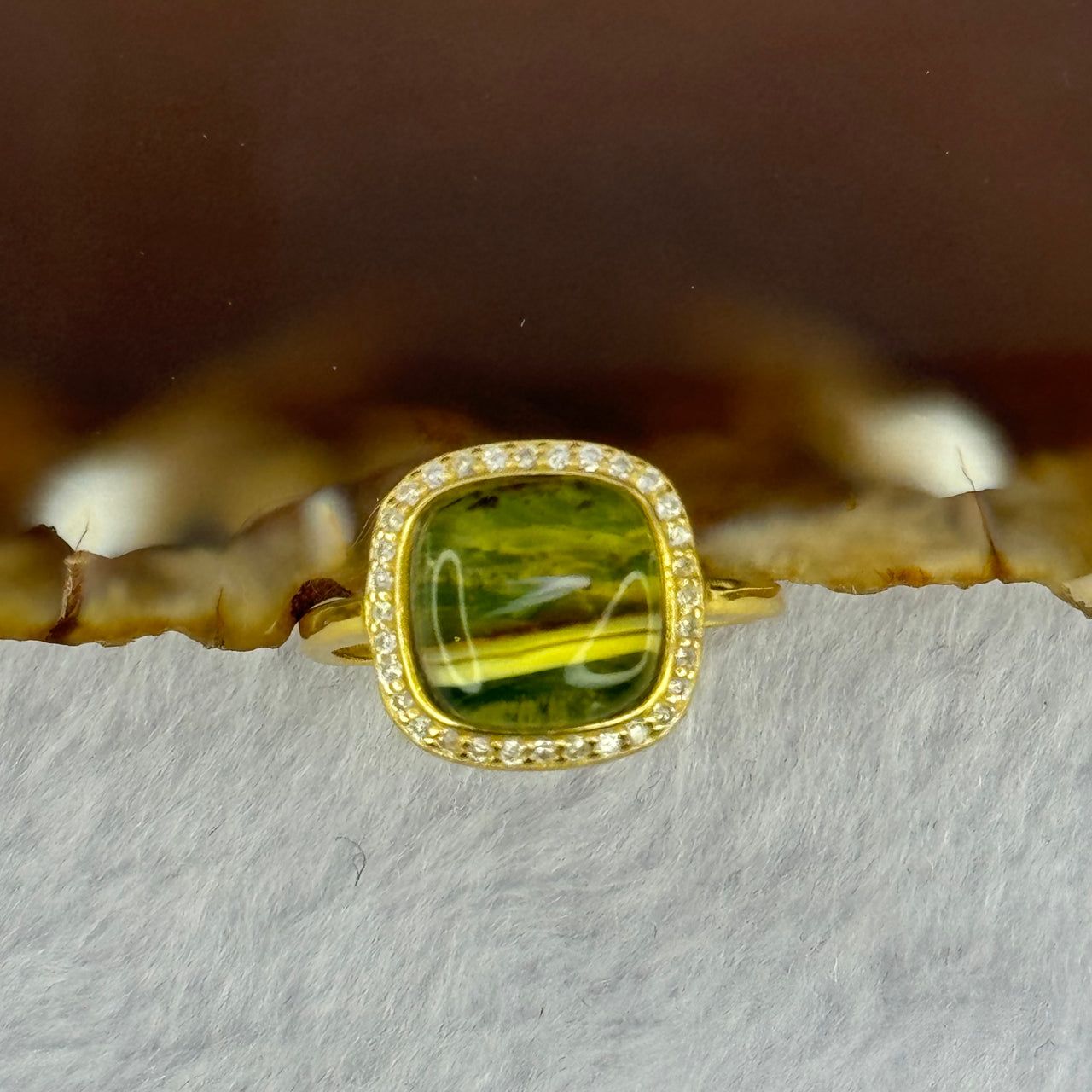 Natural Green Amber with Milk Inclusions in S925 Sliver Gold Color Ring (Adjustable Size) 2.17g 90.0 by 4.0mm - Huangs Jadeite and Jewelry Pte Ltd