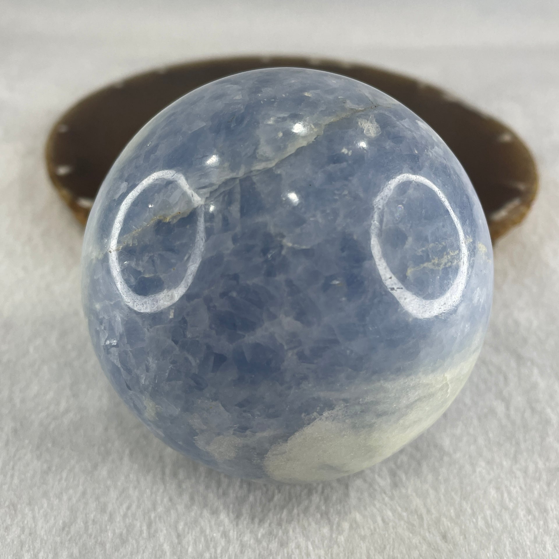 Natural Blue Calcite Ball with Clear Acrylic Display 662.31g 76.5 by 94.5mm - Huangs Jadeite and Jewelry Pte Ltd