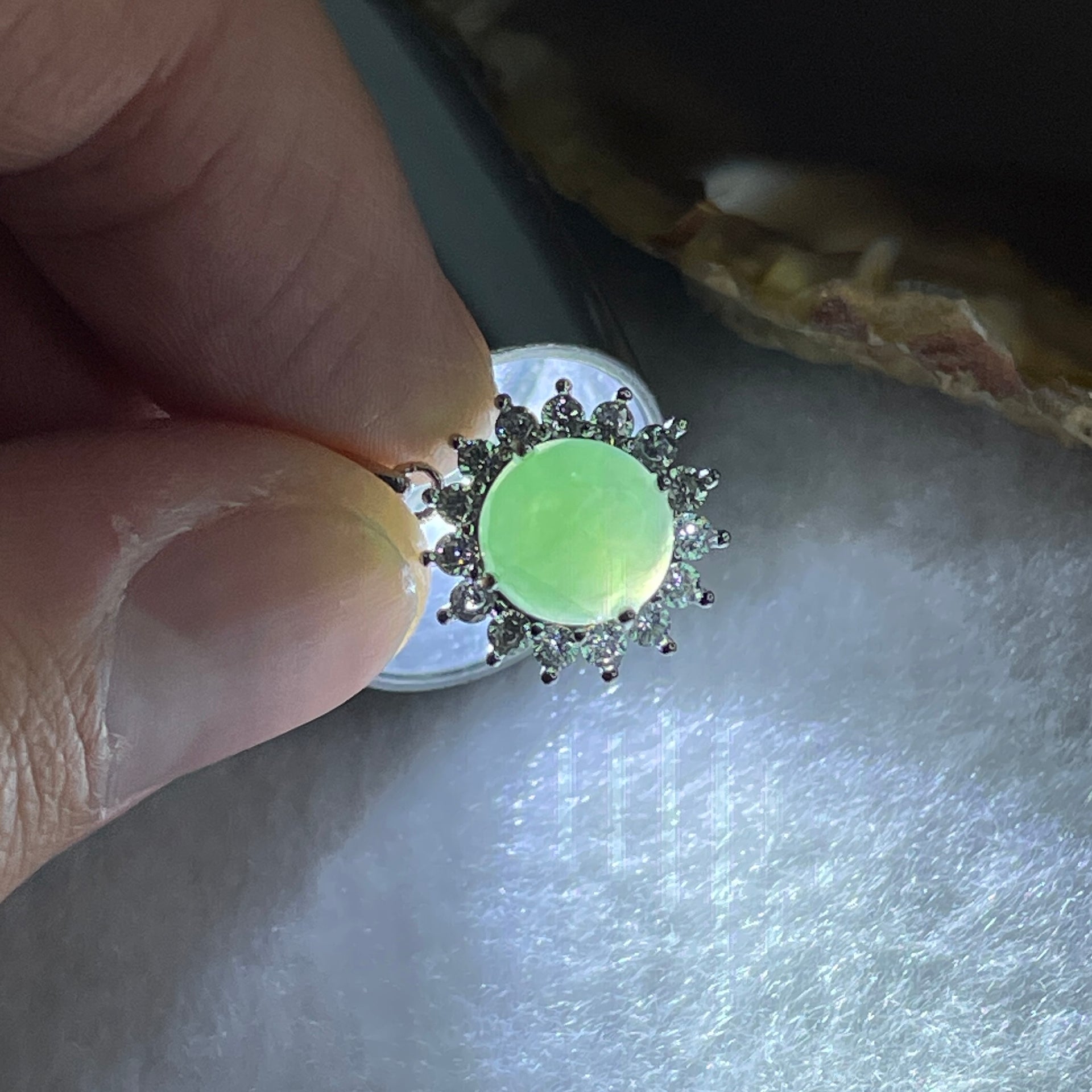 Type A Green Jadeite Pendant with Cubic Zirconia in S925 Sliver 1.89g 7.6 by 5.0mm - Huangs Jadeite and Jewelry Pte Ltd