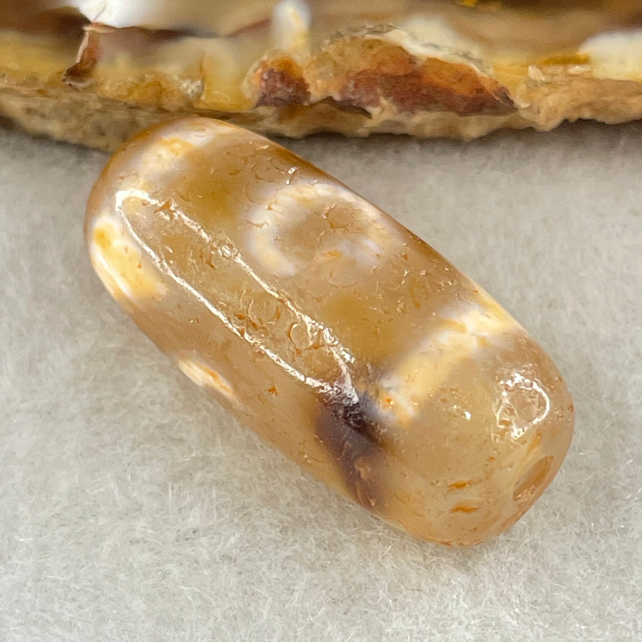 Natural Powerful Tibetan Old Oily Agate 3 Eyes Dzi Bead Heavenly Master (Tian Zhu) 三眼天诛 5.95g 26.5 by 11.7mm - Huangs Jadeite and Jewelry Pte Ltd
