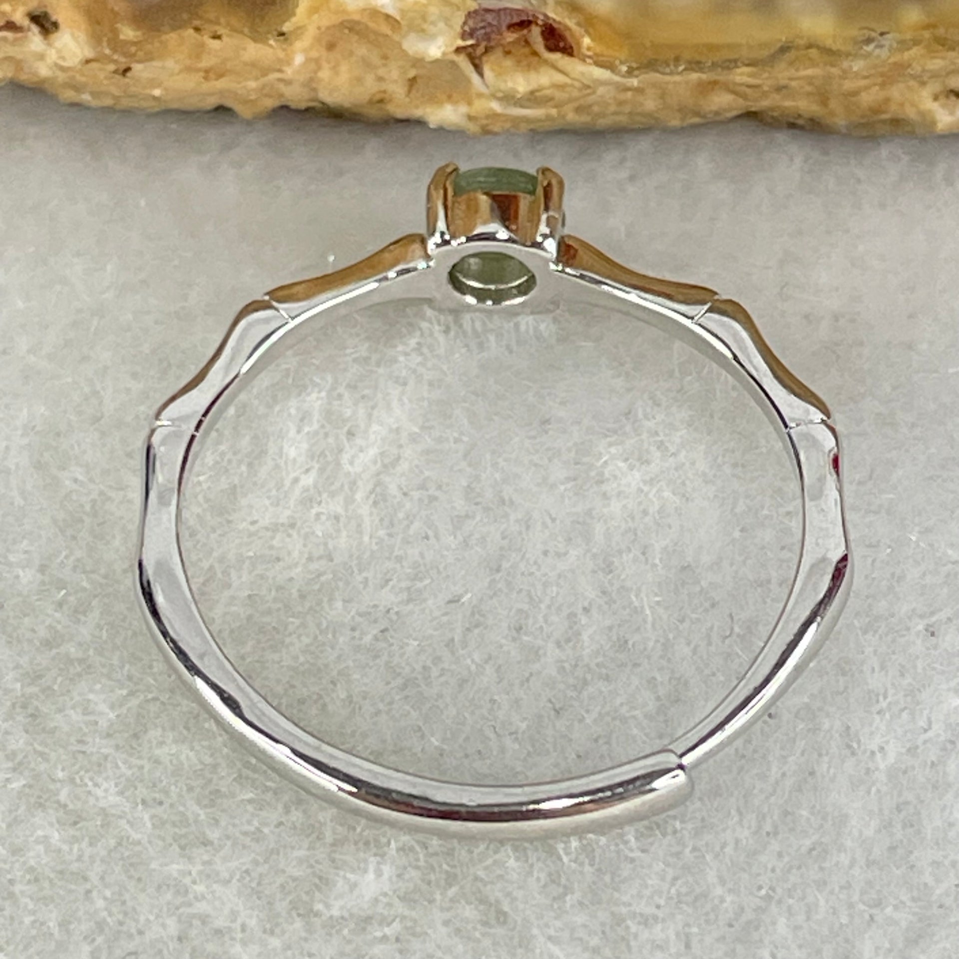 Type A Semi Icy Green Cabochon Jadeite in S925 Sliver Bamboo Ring (Adjustable Size) 0.96g 4.0 by 2.0mm - Huangs Jadeite and Jewelry Pte Ltd