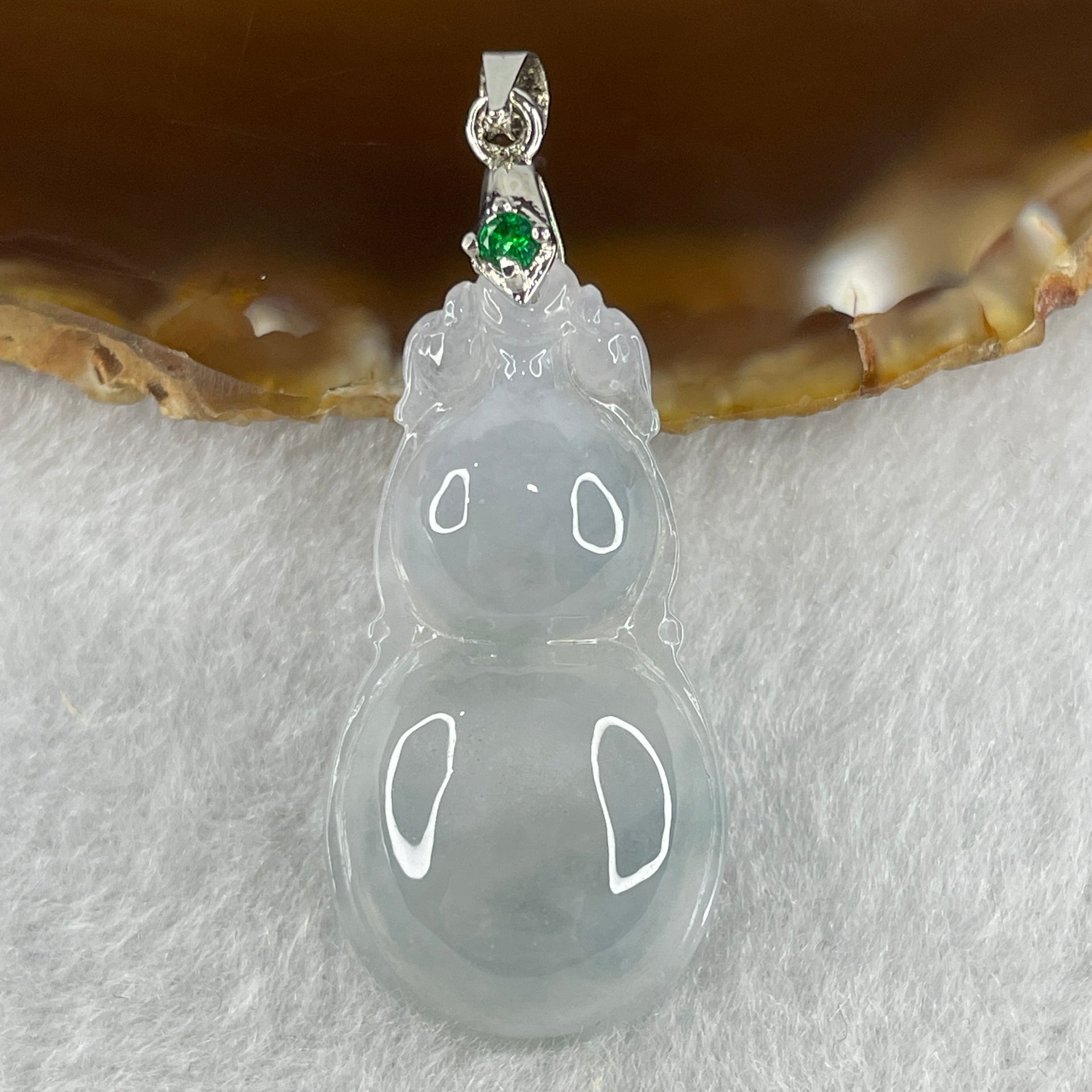 Natural Type A Semi Icy Lavender Jadeite Calabash Hulu Pendant in Stainless Steel Clasp 5.34g 33.6 by 17.8 by 6.2mm - Huangs Jadeite and Jewelry Pte Ltd