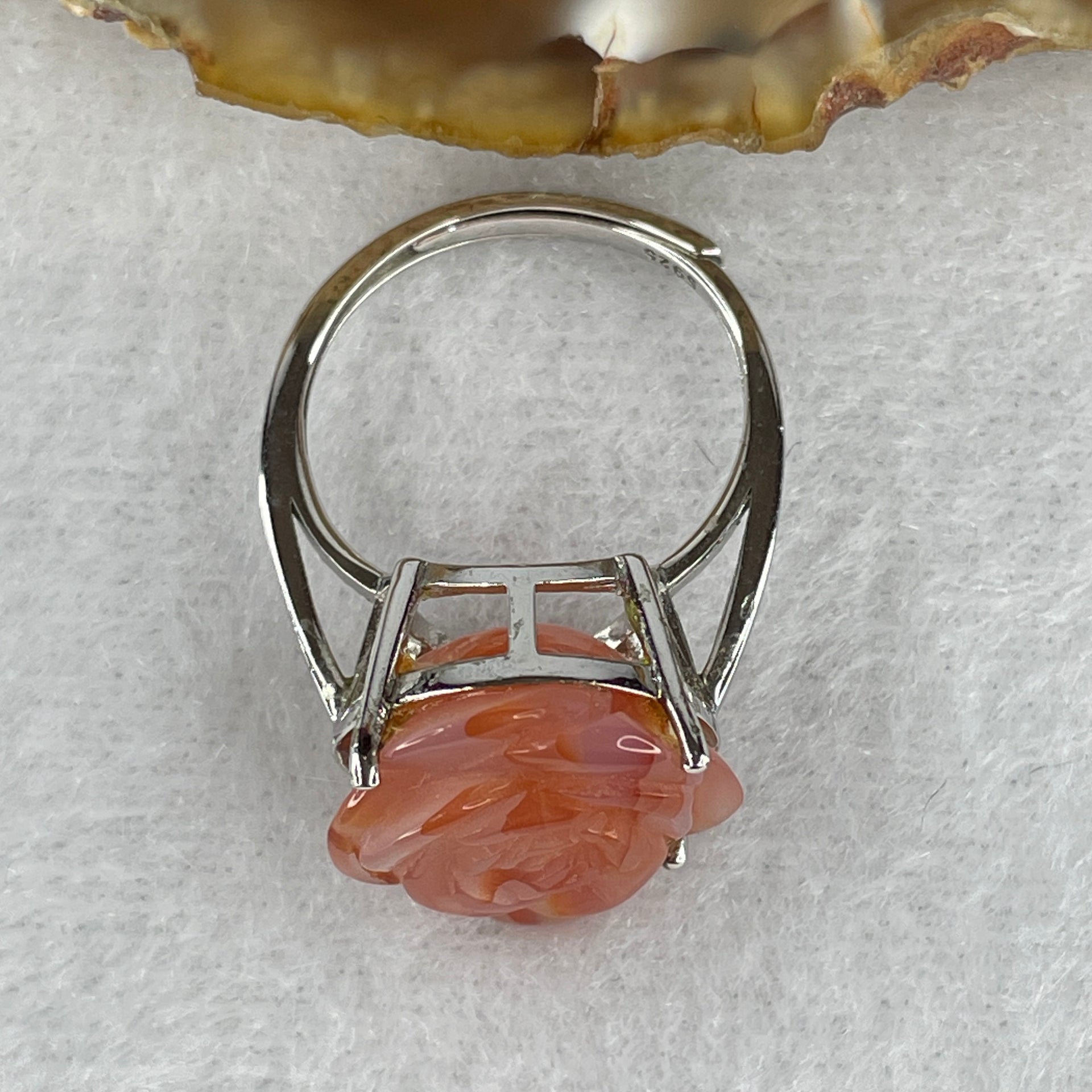 Natural Pink Agate Flower Ring in S925 Sliver 4.98g 16.7 by 15.4 by 8.5mm (Adjustable Size) - Huangs Jadeite and Jewelry Pte Ltd