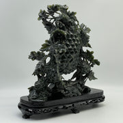 Natural Dark Green Nephrite Cricket Pair on Grapes Plant with Wooden Display 2,429.6g 241.0 by 100.0 by 260.0mm - Huangs Jadeite and Jewelry Pte Ltd