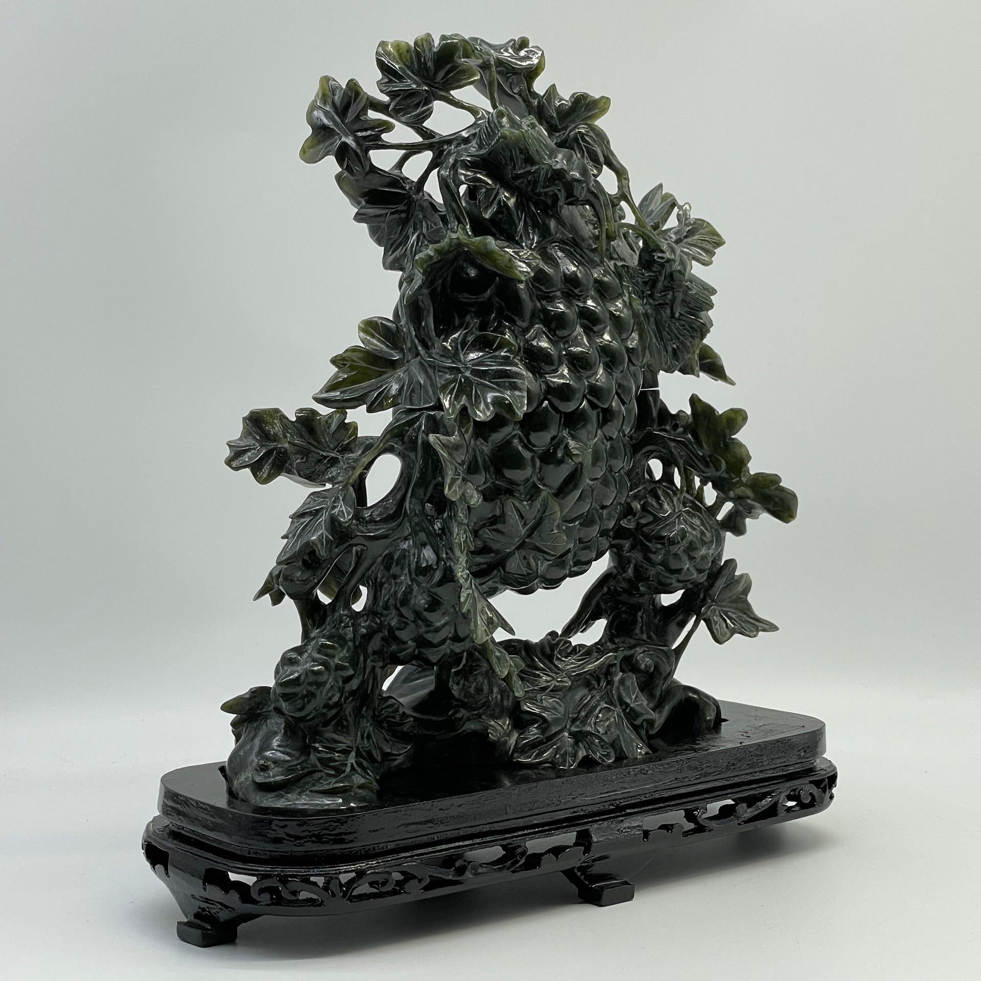Natural Dark Green Nephrite Cricket Pair on Grapes Plant with Wooden Display 2,429.6g 241.0 by 100.0 by 260.0mm - Huangs Jadeite and Jewelry Pte Ltd