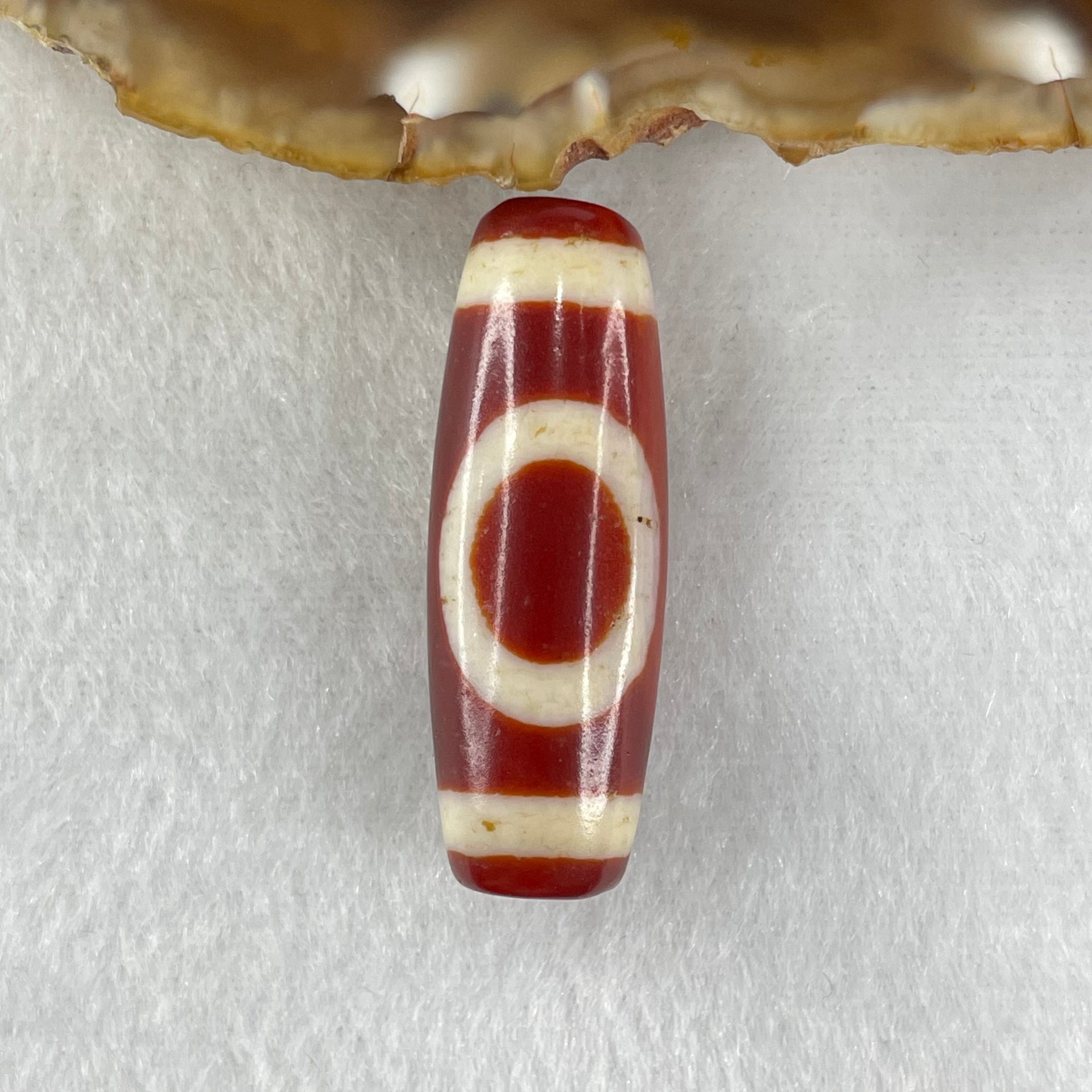 Natural Powerful Tibetan Old Oily Red White Agate One Eye Fire Sign Dzi Bead Heavenly Master (Tian Zhu) 一眼火天珠 10.21g 37.8 by 13.2mm - Huangs Jadeite and Jewelry Pte Ltd