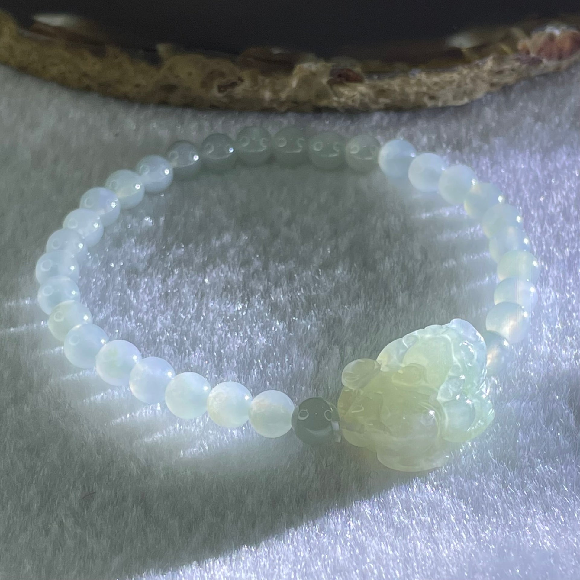 Type A Faint Blueish Green Jadeite Beads with Light Blueish Green Male Pixiu Charm Bracelet 12.93g 15.5cm 5.5cm 31 Beads 21.6 by 14.1 by 10.7mm - Huangs Jadeite and Jewelry Pte Ltd