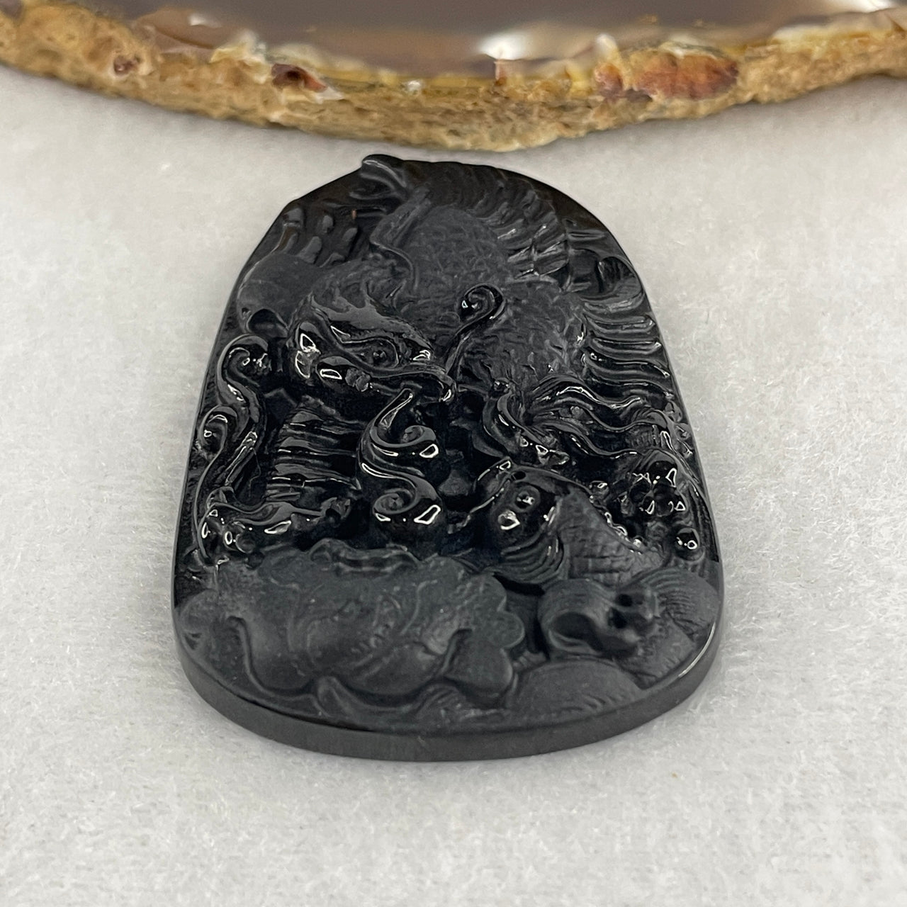 Certified Type A Opaque Black Omphacite Jadeite Fire Phoenix with Fish & Lotus Leaf Pendant | Rebirth, Abundance & Harmony Talisman (27.78g | 60.5 x 38.8 x 8.6mm)