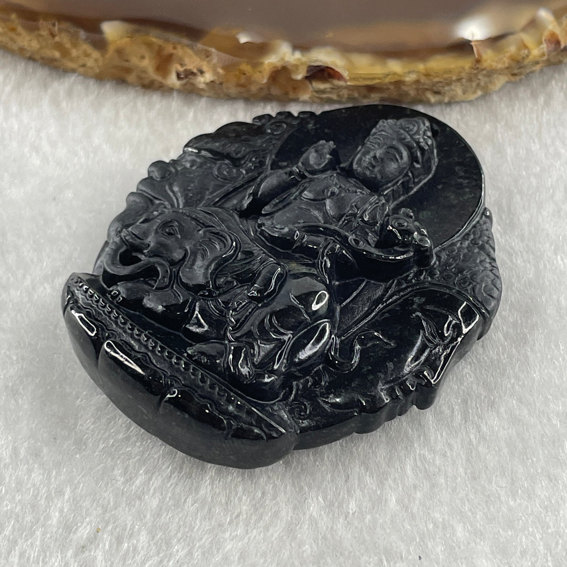 Type A Opaque Black Omphacite Jadeite Good Vs Evil Samantabhadra Bodhisattva Pendant Dragon and Snake Zodiac Guardian 44.90g 50.8 by 43.9 by 12.0mm - Huangs Jadeite and Jewelry Pte Ltd