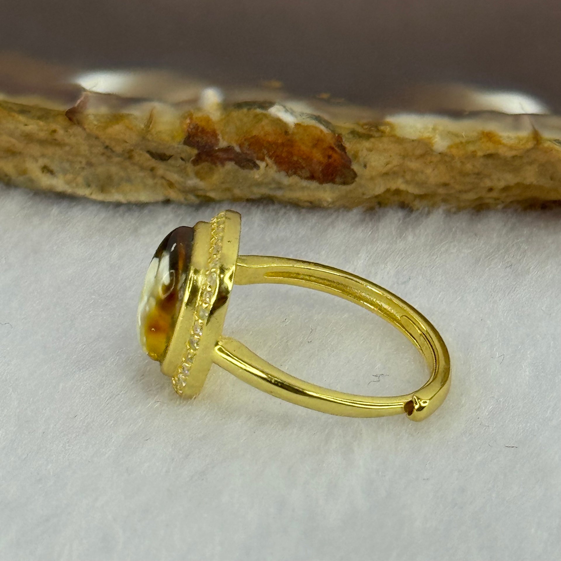 Natural Green Amber with Milk and Yellow Inclusions in S925 Sliver Gold Color Ring (Adjustable Size) 2.74g 9.0 by 3.0mm - Huangs Jadeite and Jewelry Pte Ltd