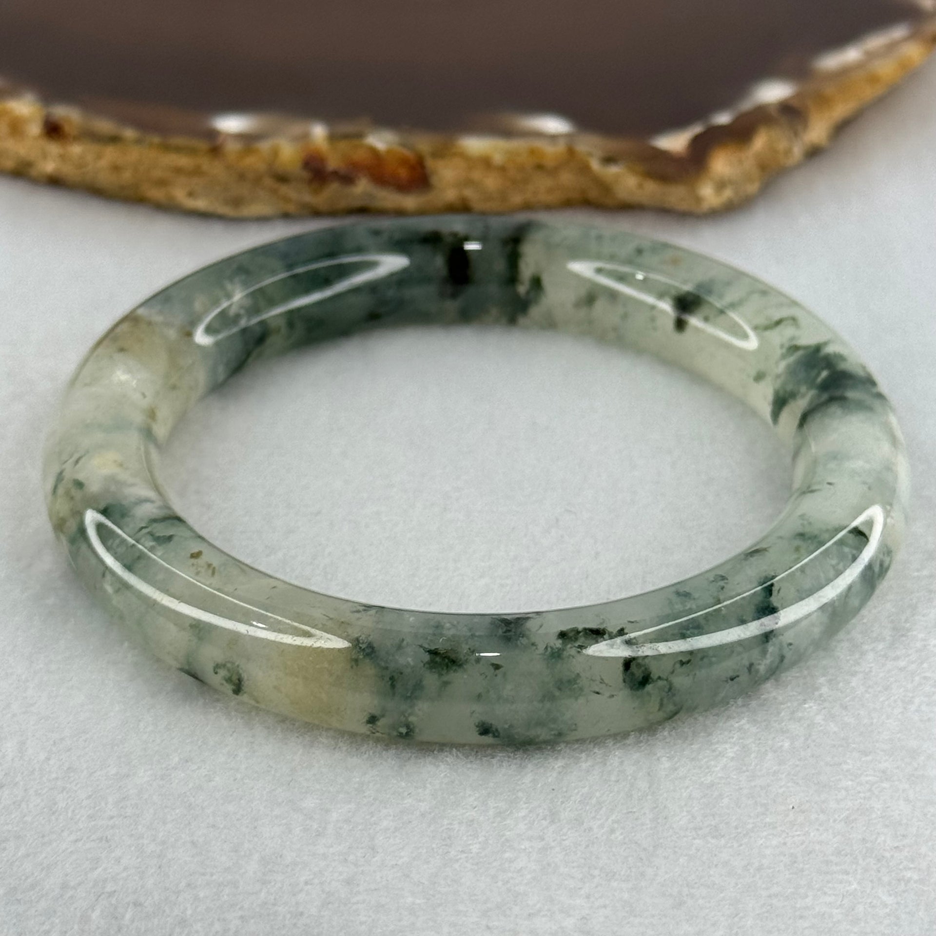 Transparent Colourless with Dark Green and Yellowish White Piao Hua Sodium Feldspar Jade Bangle 水沫玉手镯 Internal Diameter 55.8mm 47.38g 10.8 by 10.8mm - Huangs Jadeite and Jewelry Pte Ltd