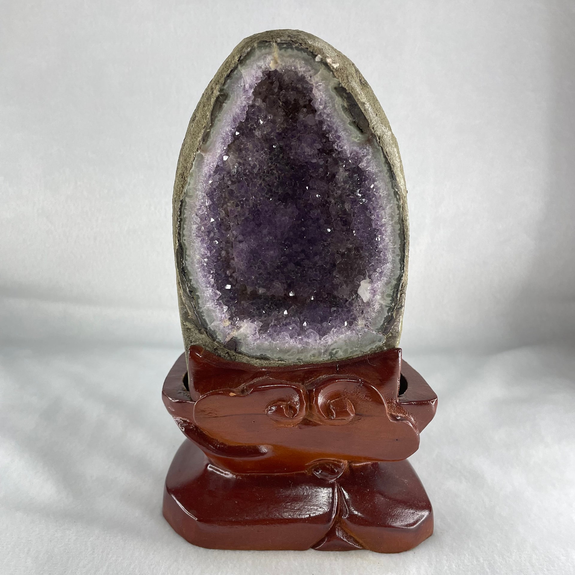 Natural Amethyst Cave with Wooden Stand 1,451.2g 116.4 by 93.7 by 190.0mm - Huangs Jadeite and Jewelry Pte Ltd