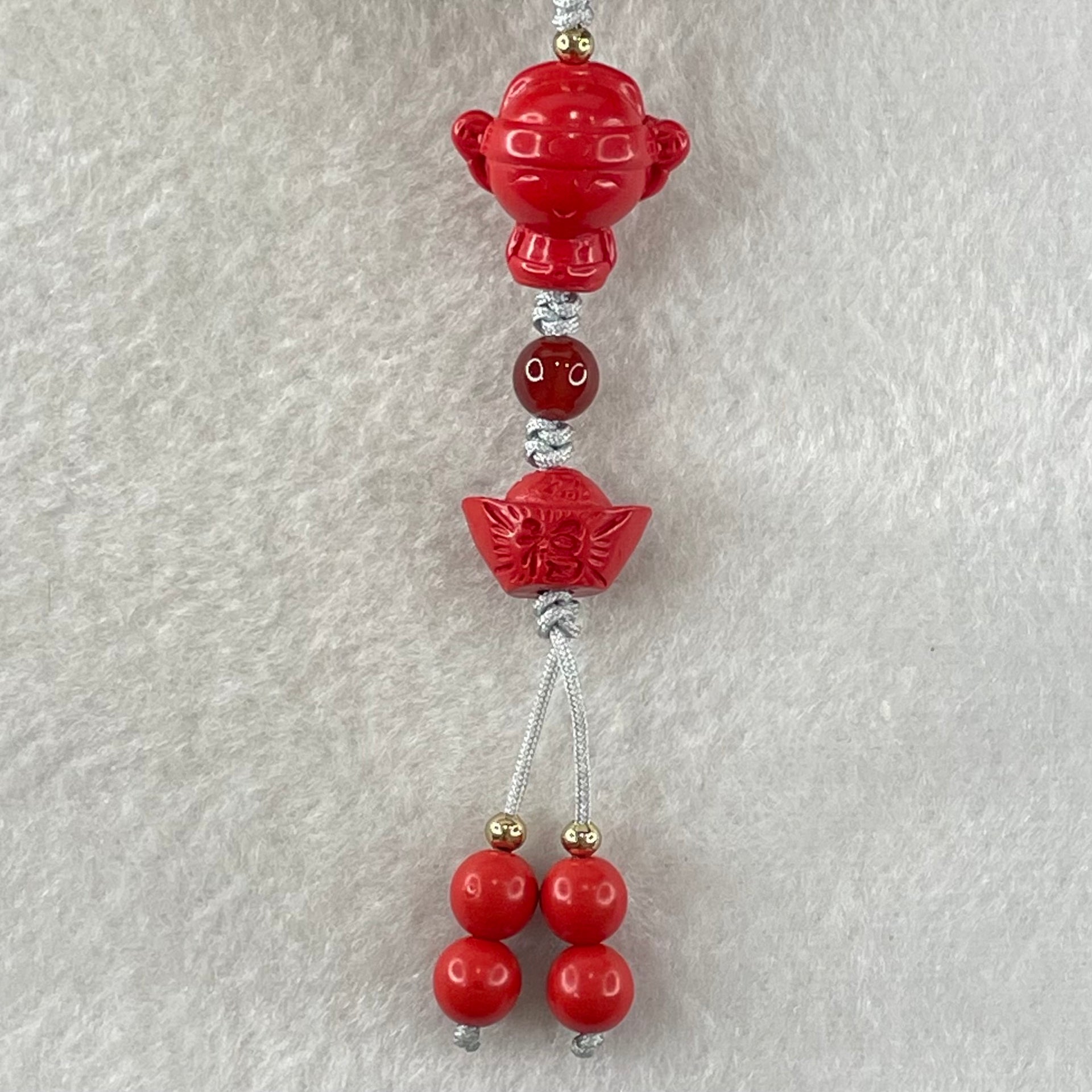 Natural Red Cinnabar Baby God of Fortune 16.0 by 16.8 by 11.3mm with Ingot Yuan Bao 9.0 by 13.06 by 9.1mm and Beads 6.54g - Huangs Jadeite and Jewelry Pte Ltd
