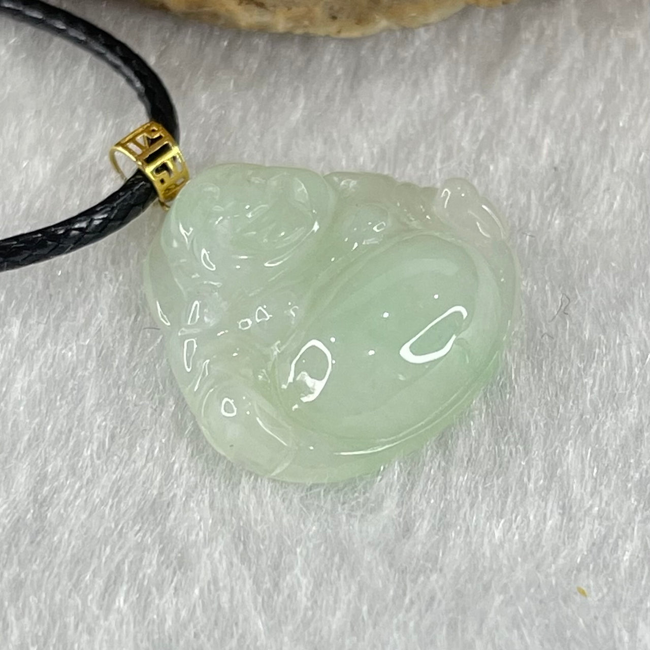 Type A Faint Lavender Green Jadeite Milo Buddha in 18K Gold Pendant with String Necklace 2.57g 15.1 by 16.1 by 4.9mm - Huangs Jadeite and Jewelry Pte Ltd
