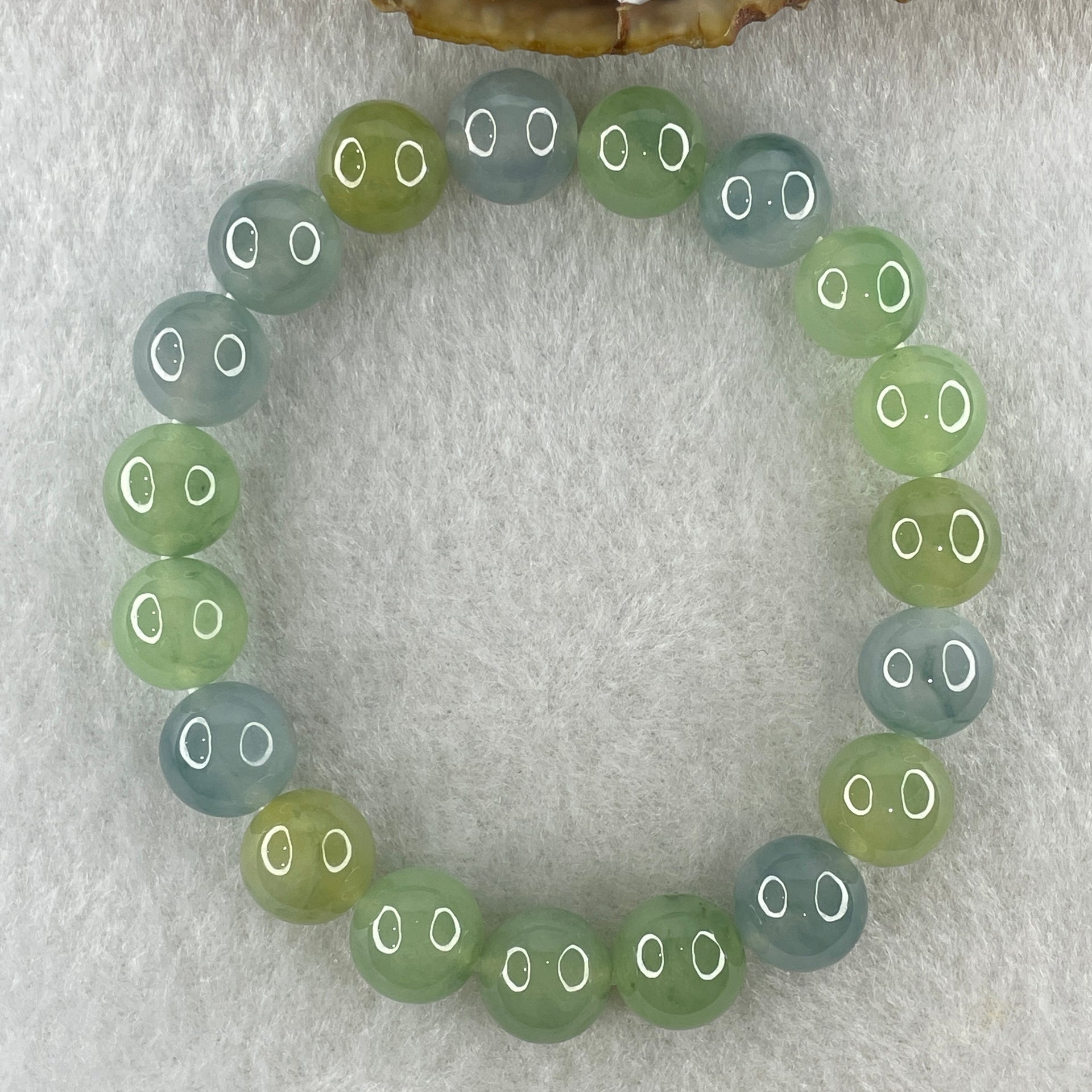 Type A Natural Semi Icy Light Green with Yellow and Blue Jadeite Beads Bracelet 32.94g 15cm 10.0mm 19 Beads - Huangs Jadeite and Jewelry Pte Ltd