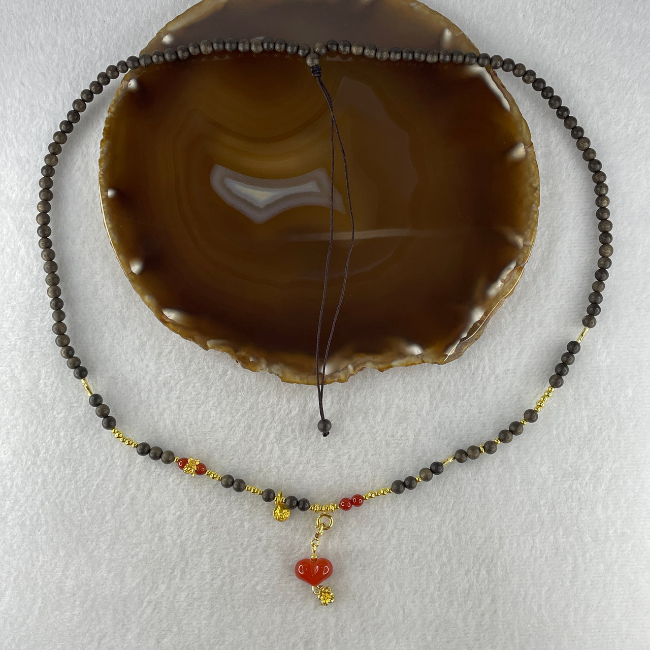 Certified Natural Agarwood with Red Agate and Gold Color Charms Beads Necklace 8.60g 60cm 5.0mm 110 Beads (Very Slightly Scented)
