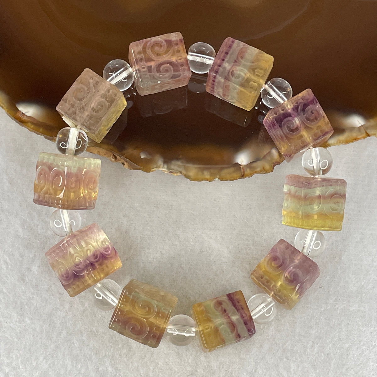 Very Very Good Grade Natural Yellow & Purple Fluorite Cube Beads Bracelet | 12.6mm Geometric Harmony Amulet (66.49g | 17.5cm | 10 Cubes)