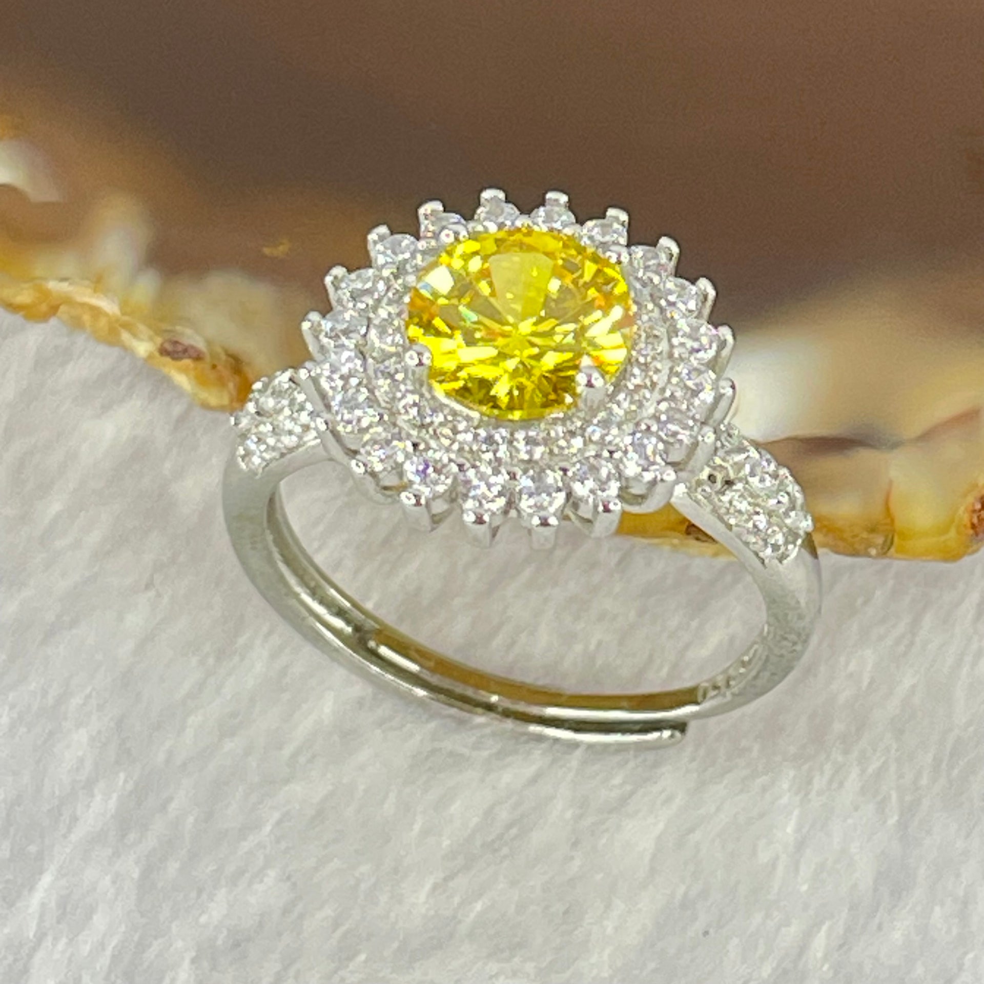 Yellow Cubic Zirconia with Crystals in PT950 Plated Sliver Ring 2.75g 7.5 by 3.5mm - Huangs Jadeite and Jewelry Pte Ltd