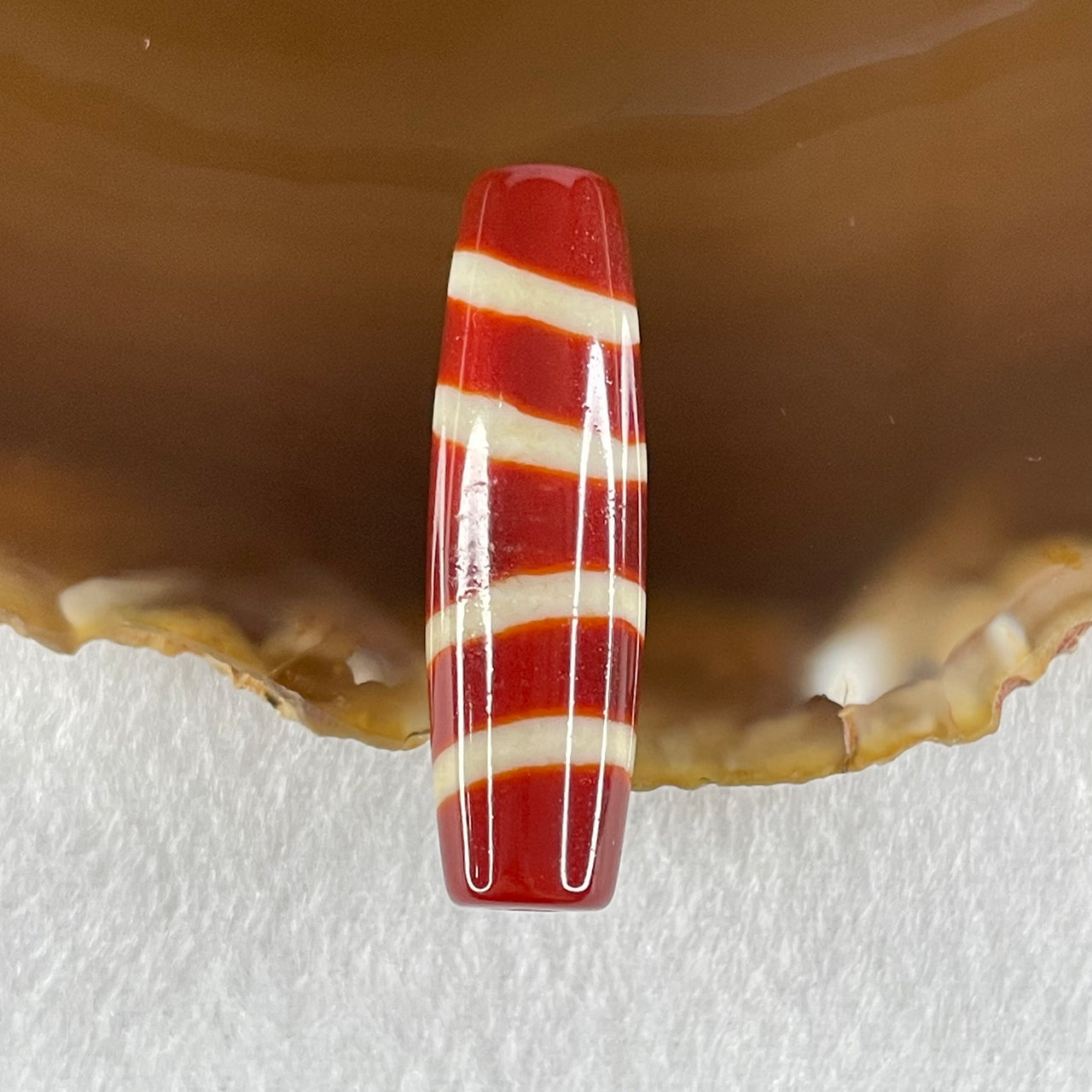 Natural Powerful Tibetan Old Oily Red White Agate 4 Lines Bead Heavenly Master (Tian Zhu) 8.37g 39.1 by 11.9mm - Huangs Jadeite and Jewelry Pte Ltd