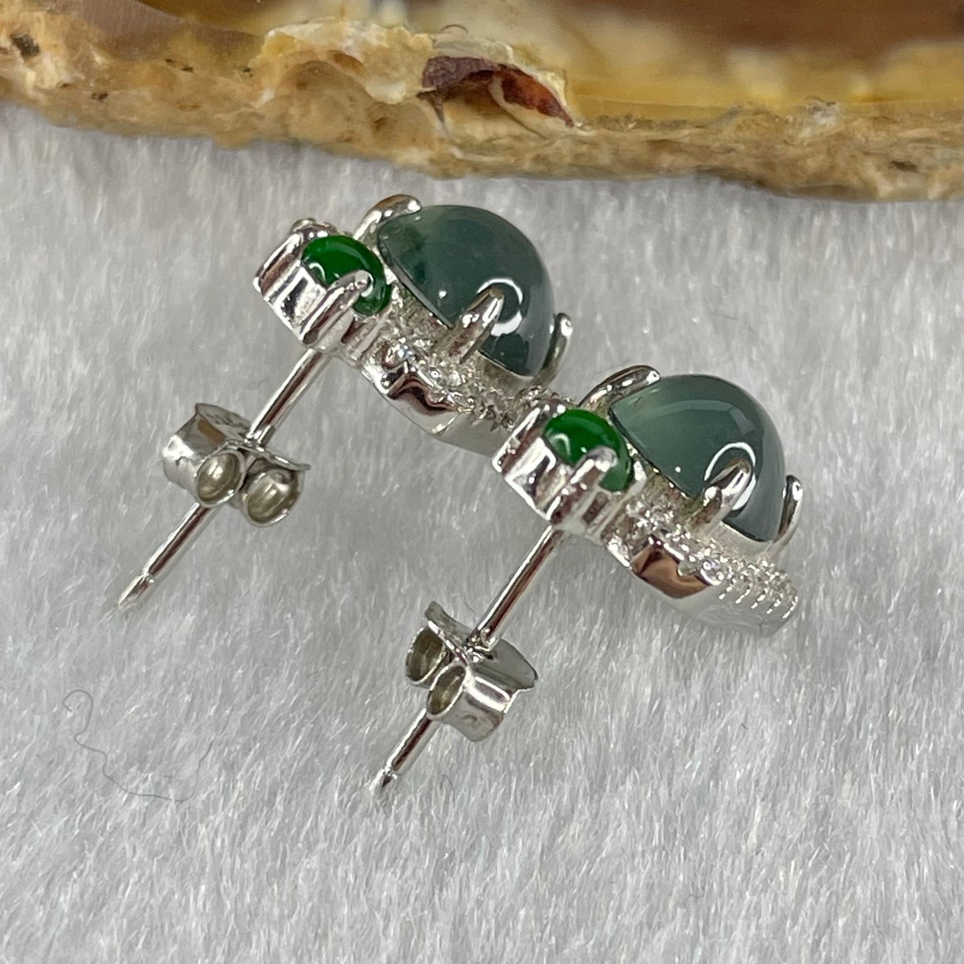 Type A Icy Blueish Green Jadeite Cabochons With Crystals in S925 Sliver Earrings 2.54g 6.6 by 4.0mm - Huangs Jadeite and Jewelry Pte Ltd