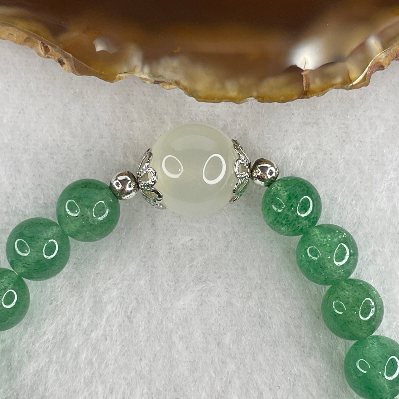 Natural Green Aventurine Bead Bracelet with Opalite Bead | Luminous Gemstone Stretch Bracelet (19.02g | 16cm | 8.3mm Beads | 21 Beads | 12.4mm Opalite Accent)