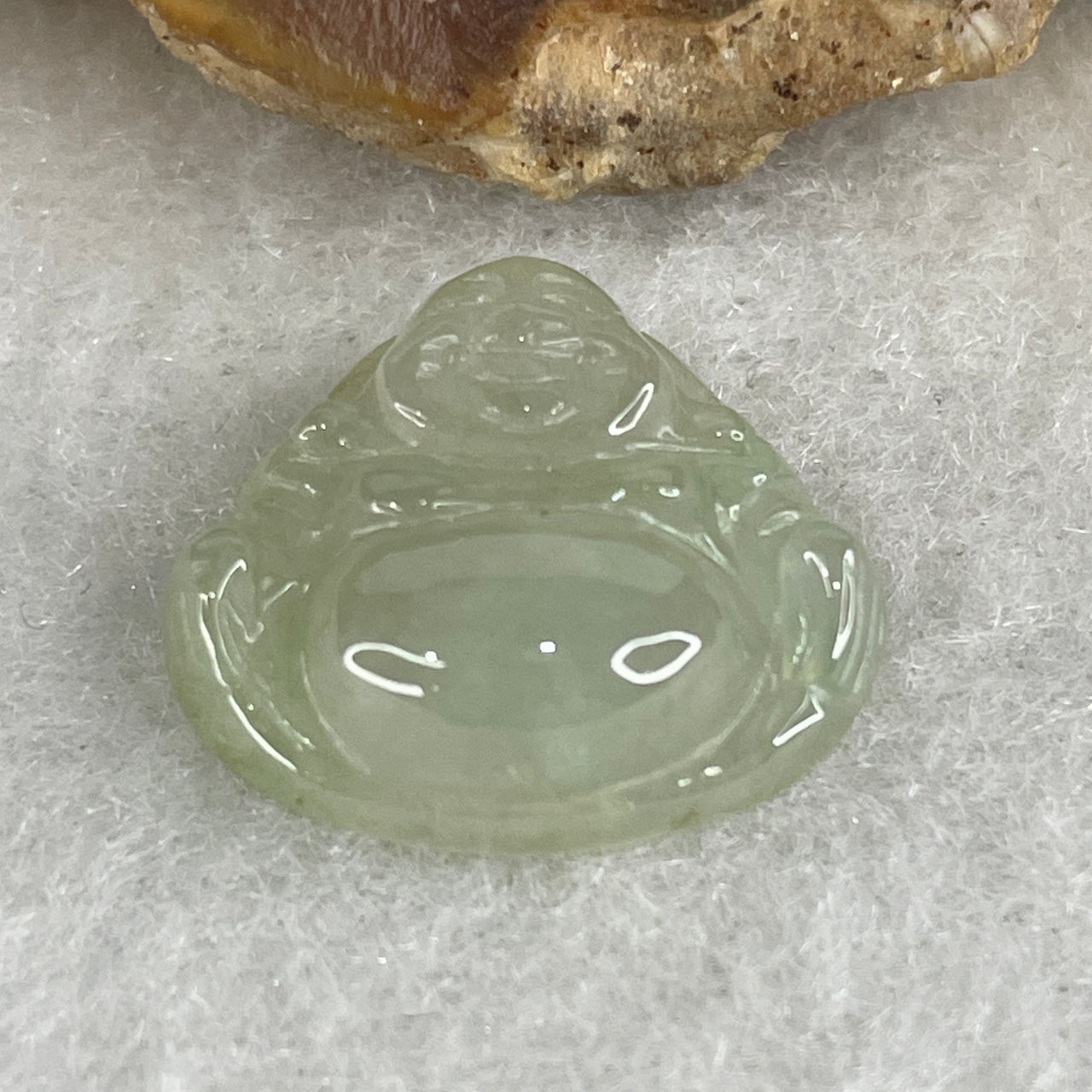 Natural Type A Icy Light Blueish Green Jadeite Buddha Pendant | 15.9mm Carved Milo Laughing Buddha Peace Amulet (2.44g 17.6x6.0mm)