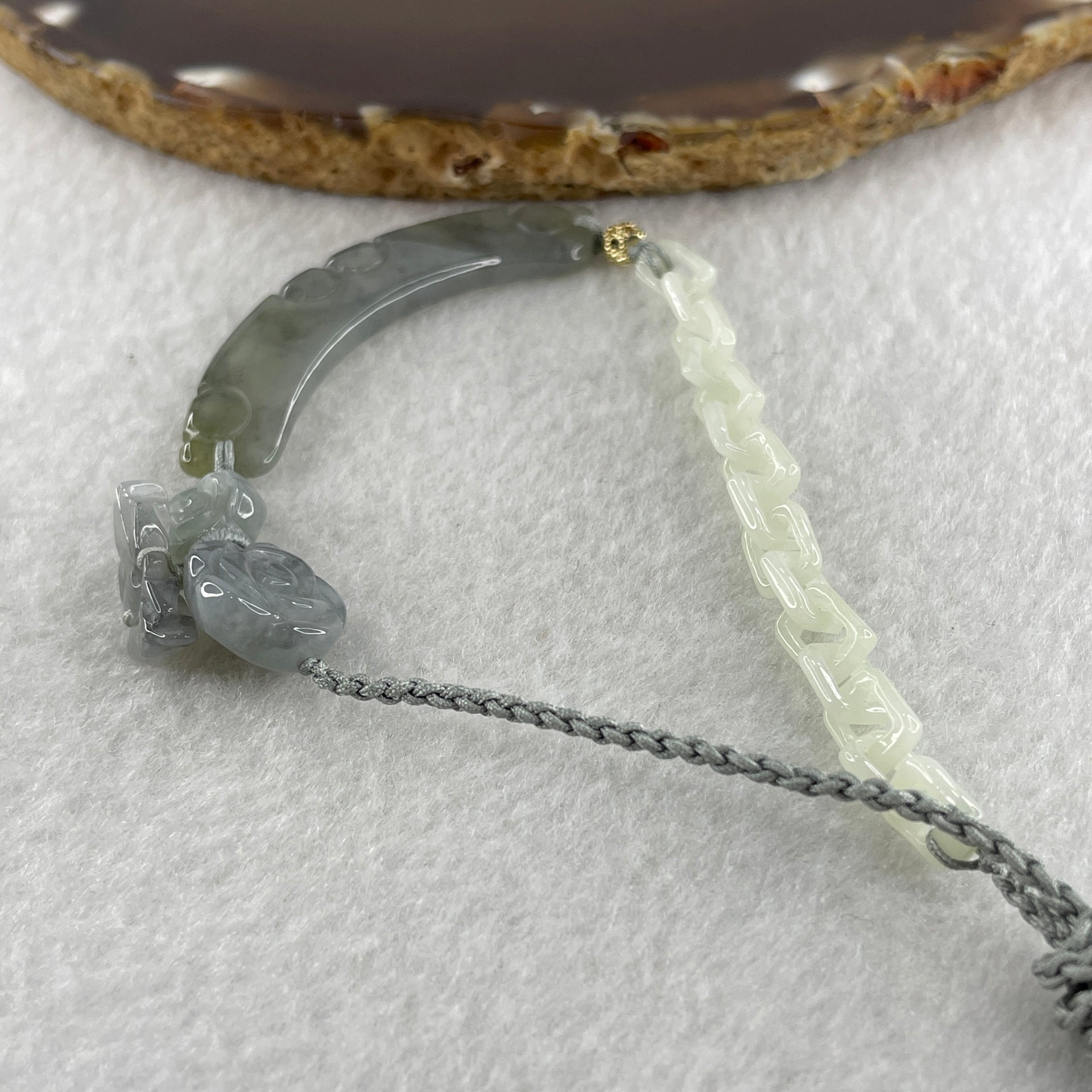 Natural Type A Semi Icy Wuji Grey Jadeite Ruyi with Flower and Butterfly Necklace 12.14g 50.1 by 12.6 by 3.9mm - Huangs Jadeite and Jewelry Pte Ltd