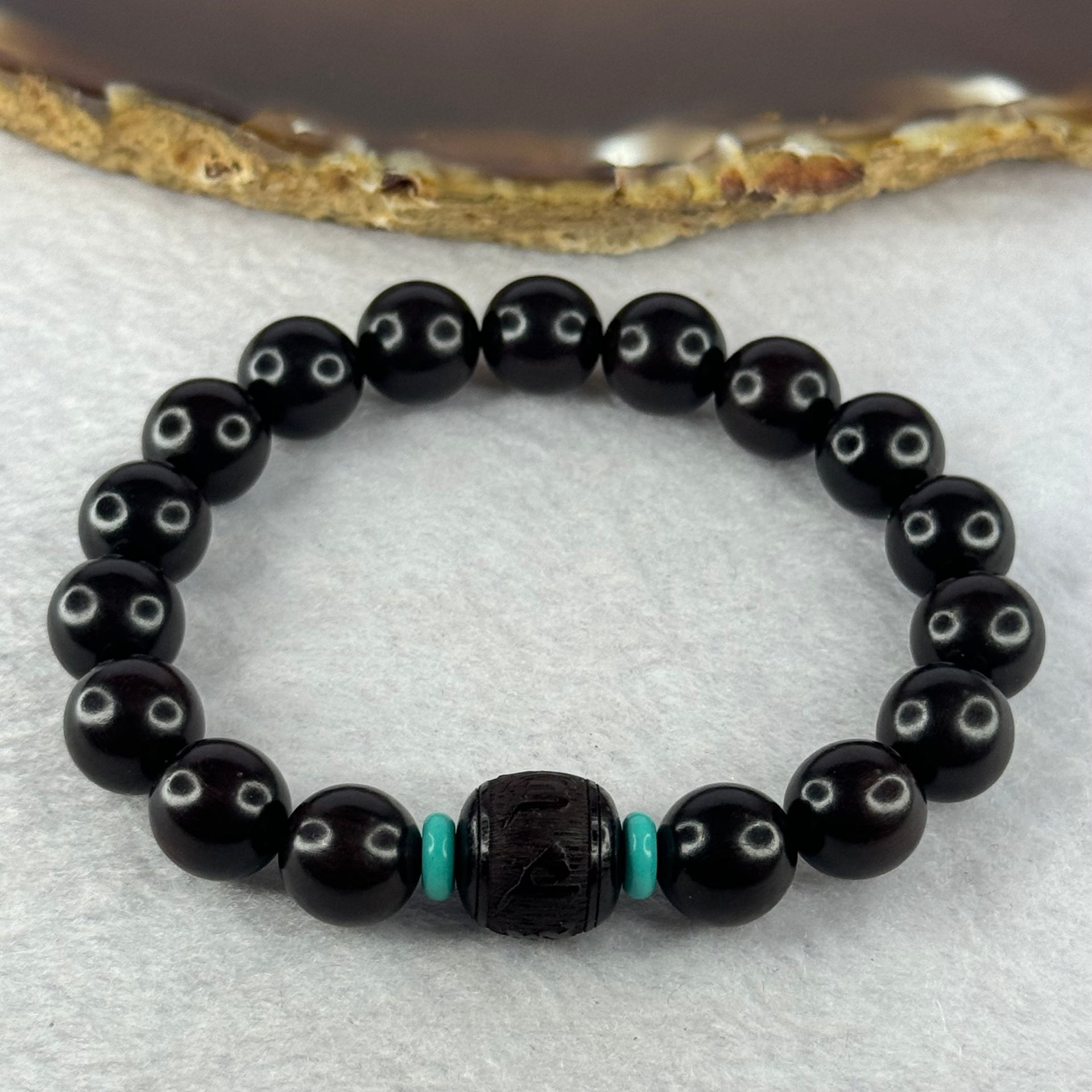 Natural India Zitan 天然小叶字檀木 Om Ma ni Padme Hum 六字真言 Beads Bracelet with Turquoise (Sinking Type) 11.53g 15.5cm 10.2mm 17 Beads, 11.8mm 1 Bead - Huangs Jadeite and Jewelry Pte Ltd