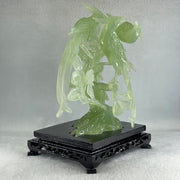 Natural Green Serpentine 3 Phoenix on Tree with Wooden Stand Display 1,022.5g 175.0 by 150.0 by 245.0mm - Huangs Jadeite and Jewelry Pte Ltd